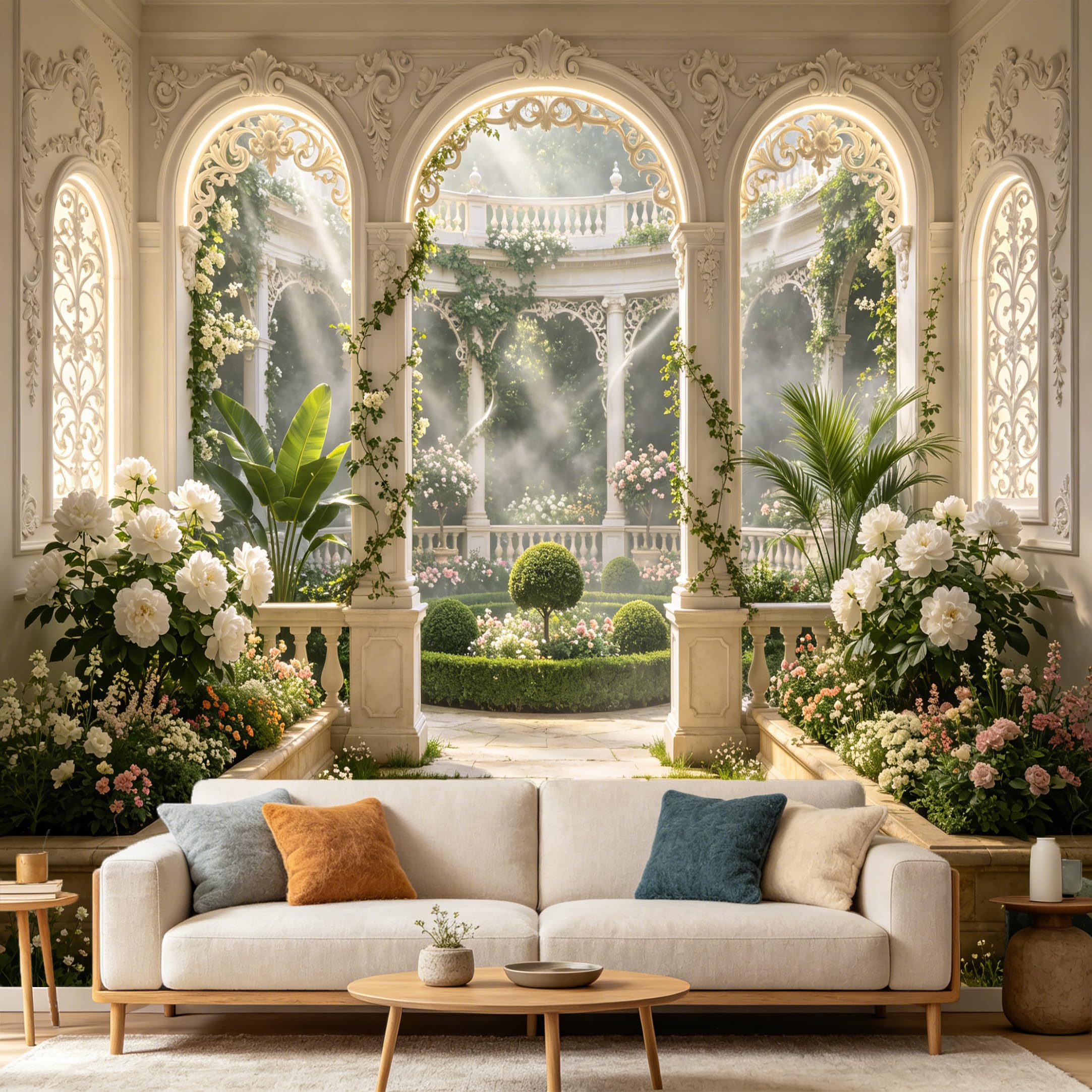 Custom Size Wall Mural， 3D Trompe L'Oeil Neoclassical Garden Archway Floral Scenery， SelfAdhesive Art Prints wall Fabric Removable Large Wallpaper Home Living Room Decor