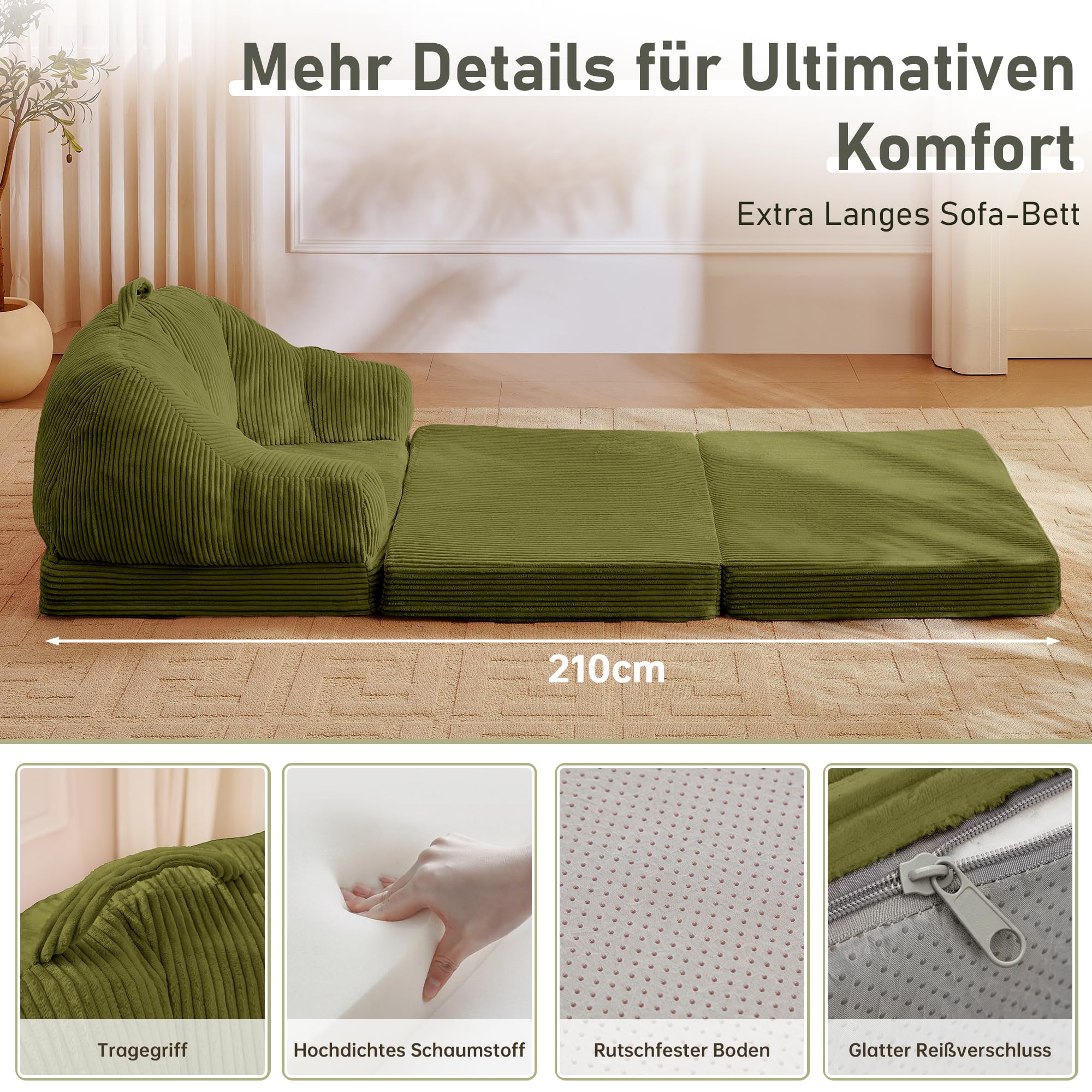 3-in-1 Klappsofa, Schlafsofa aus Cord und Schaumstoff, Schlafsessel mit Bettfunktion, Umwandelbares Bodensofa mit Griff, sitzsack zum Entspannen Schlafen im Schlafzimmer-und Wohnzimmer,Grün
