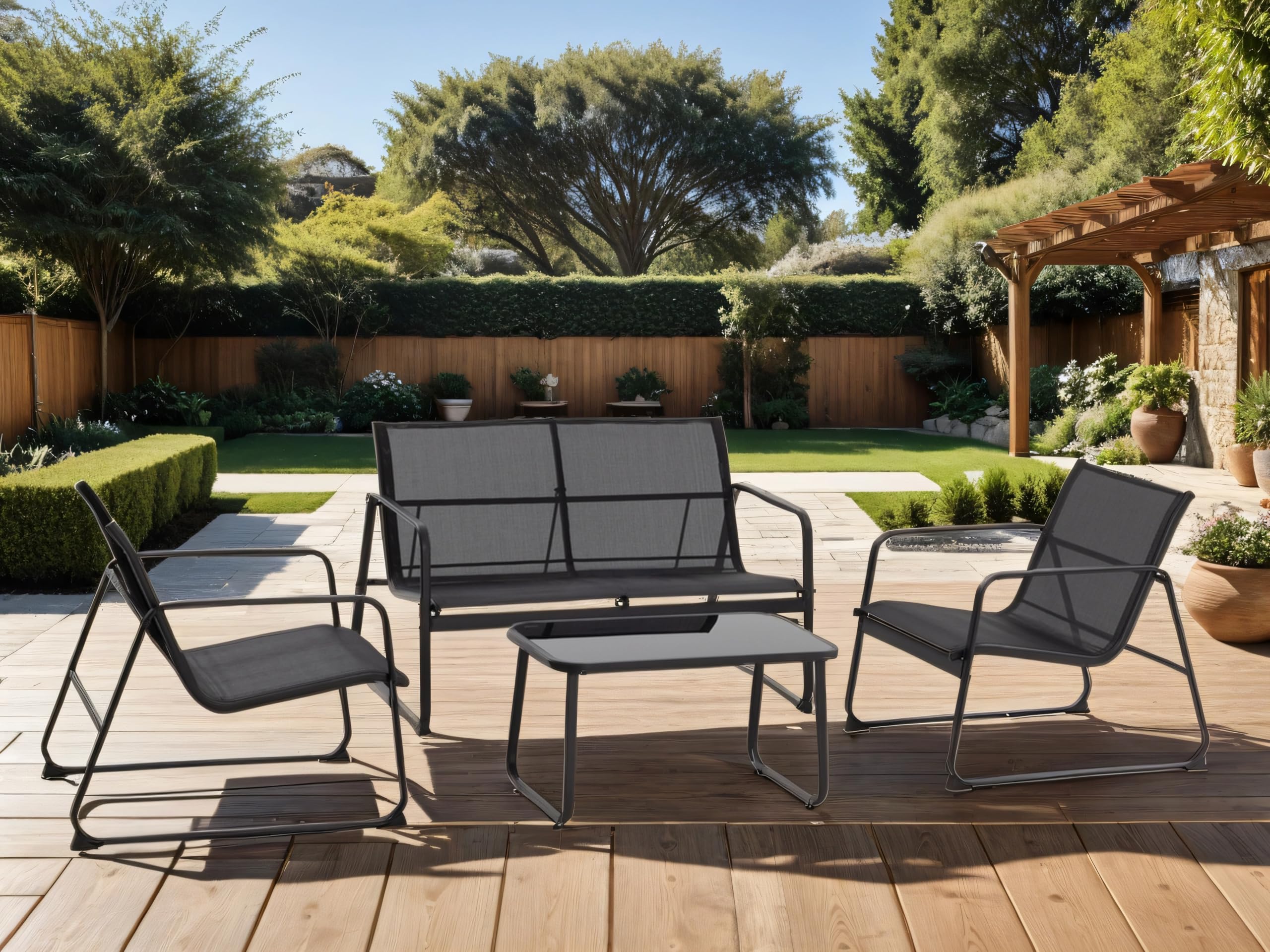 Tarrington House Conjunto de Muebles de Exterior, 4 Piezas, Acero/Textil, 2 Sillones, 1 Sofá de 2 Plazas, 1 Mesa de Centro, para Jardín y Terraza, Negro