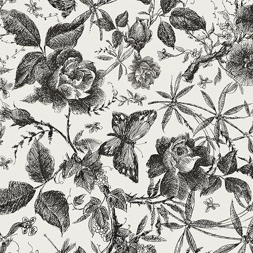 Floral Vintage Wallpaper Peel and Stick Wall Stick Black Rose Removable Vinyl Wall Paper Sketch Floral Decor 15.75in x 118in