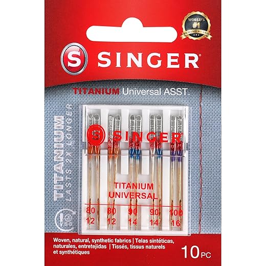 SINGER 04808 Titanium Universal Regular Point Machine Needles Woven Fabric, Assorted Sizes, 10-Count