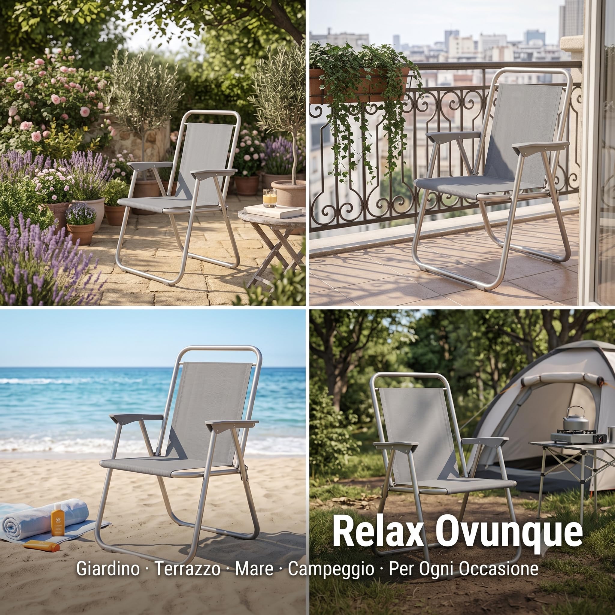 Lemag Set 2 Sedie Relax Grigio con Telaio in Acciaio e Tessuto in Poliestere – Sedie da Giardino Esterno Terrazzo e Campeggio – Comode e Robuste – Sedute per Relax Interno ed Esterno