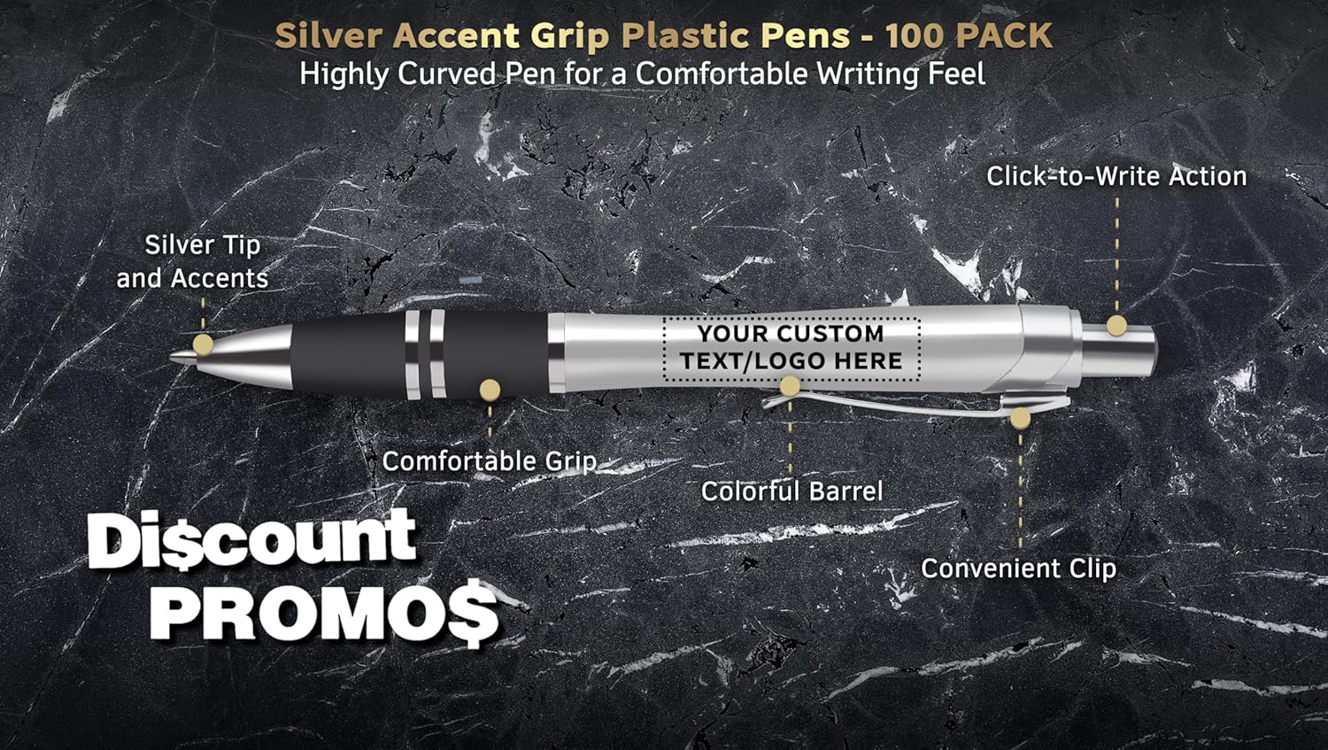 Personalized Plastic Pens Silver Accent Grip, Custom Logo & Text Printing, Pack of 100 by DISCOUNT PROMOS - Ideal for Business, Events & Trade Shows – Silver