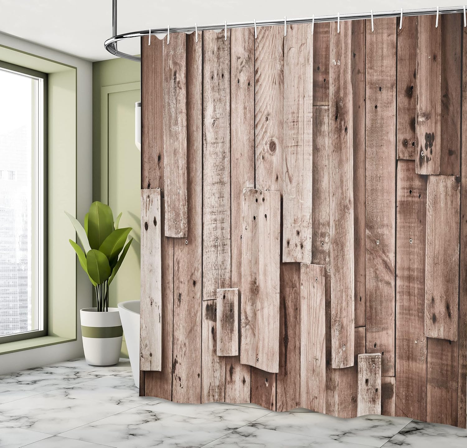 Ambesonne Wooden Print Shower Curtain, Vintage Barn Shed Floor Wall Planks Sepia Art Old Natural Plywood Lodge Image, Cloth Fabric Bathroom Decor Set with Hooks, 69" W x 84" L, Grey Brown