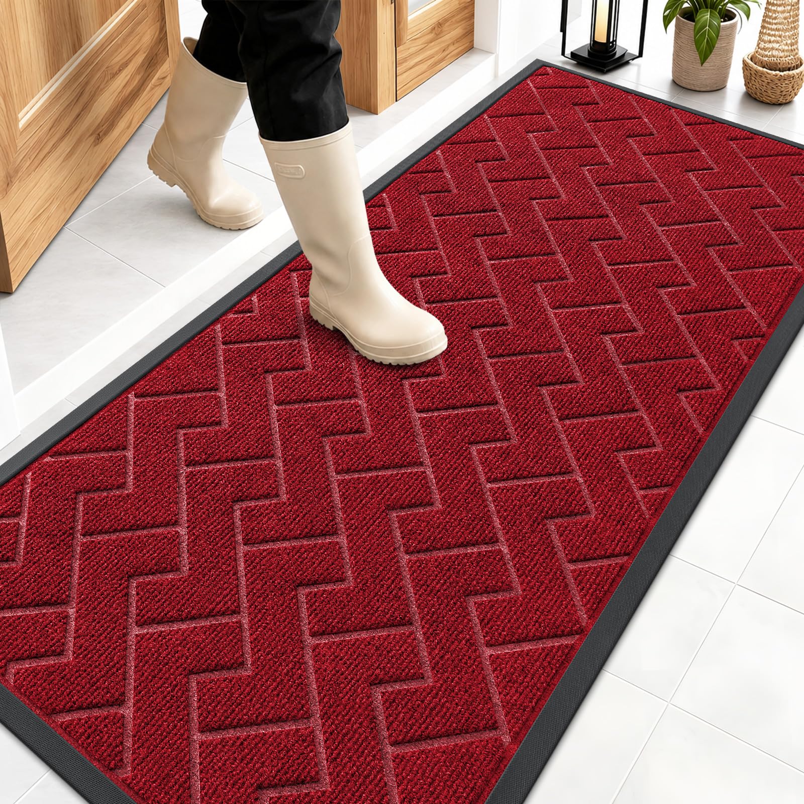 OLANLY Front Door Mat Outside 59x23, All-Season Absorbent Rubber Doormat | Wine Red, Heavy-Duty, Stain Fade Resistant, Waterproof Non-Slip Backing, Low-Profile Indoor Outdoor Floor Mat for Entryway