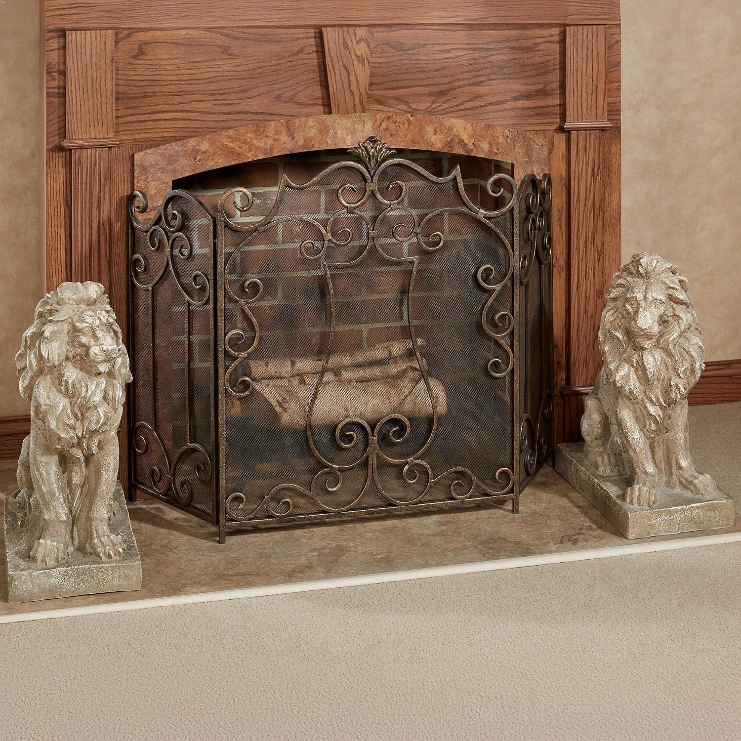 Lions at Guard Sculpture Set of 2 | Lion Statues | Outdoor Seasonal Lion Sculpture Set | Garden Backyard Yard Driveway | Weathered Sand | Realistic Lion Statues