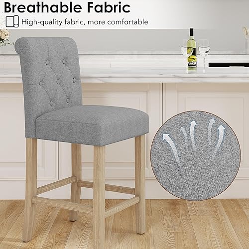 Miniatura 21 de LSSBOUGHT Juego de 2 taburetes tapizados de 24 pulgadas, taburetes de bar de tela con respaldo, sillas de bar con altura de mostrador con patas de