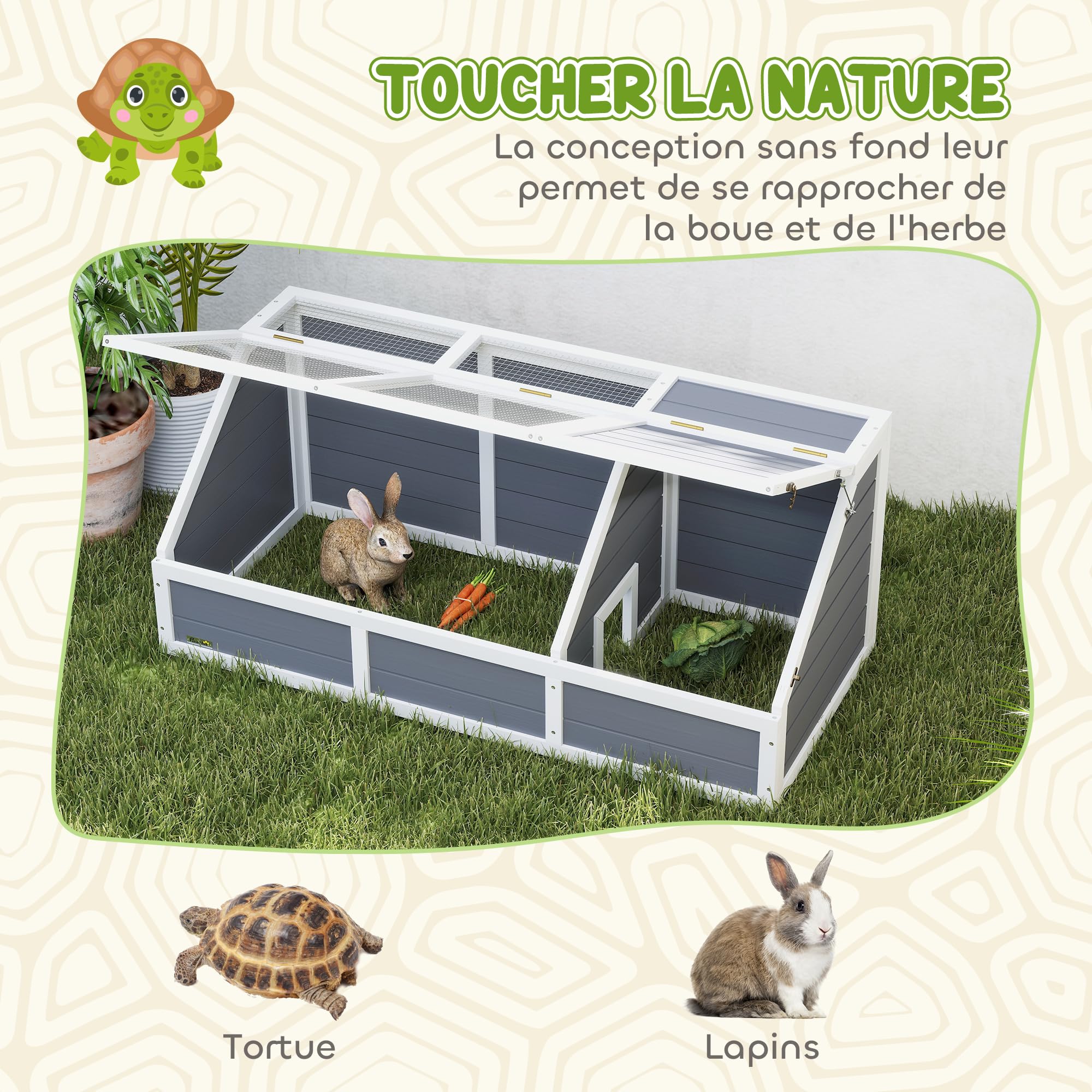 PawHut Domek dla żółwi ziemskich, 120 x 55 x 50 cm, jasnoszary i biały | Bez podłogi, otwierany panel, 2 oddzielne przestrzenie, dom terrarium żółwie, drewno świerkowe i stal ocynkowana