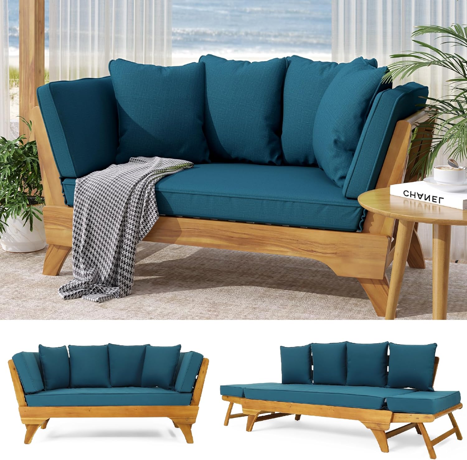 Merax Outdoor Patio Convertible Sofa Couch, Luxury Green Sectional Daybed with High Back & Thick Cushions, Coastal Furniture for Backyard Balcony Poolside, Acacia Wood & Waterr Resistant, Dark Teal