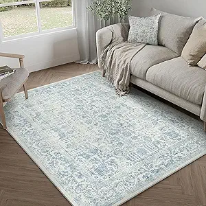 Blue Area Rug 4x5 Office Entryway Rug Machine Washable Kitchen Vintage Distressed Non Slip Carpet Indoor Retro Floral Accent Throw Door Mat for Bathroom Bedroom Dining Living Room