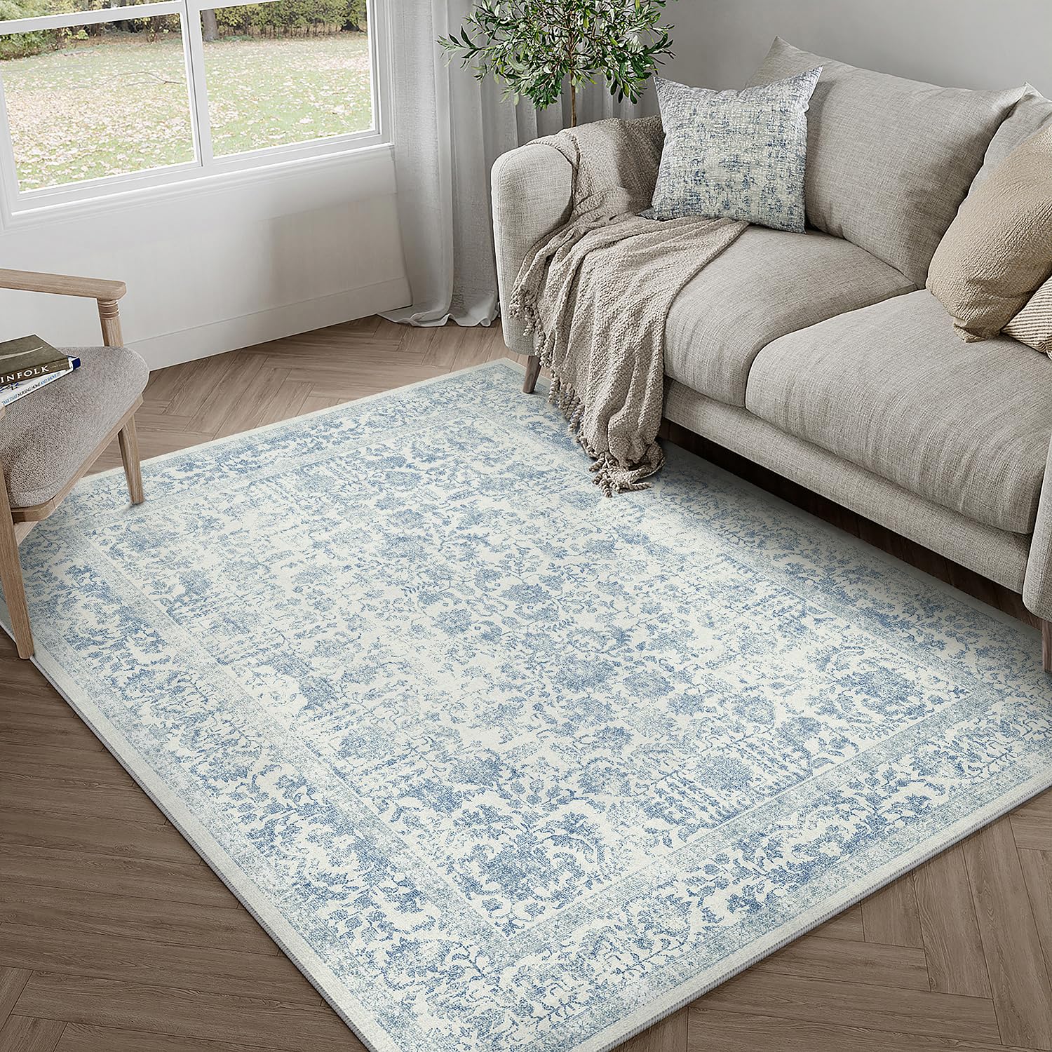 PureCozy Blue Area Rug 4x6 Office Entryway Rug Machine Washable Kitchen Vintage Distressed Non Slip Carpet Indoor Retro Floral Accent Throw Door Mat