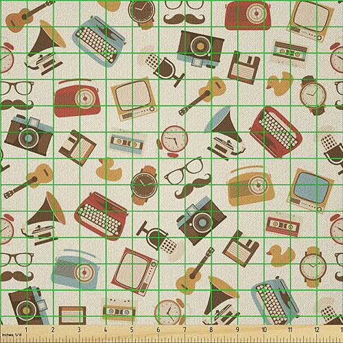 Miniatura 2 de Ambesonne The Yard - Reloj despertador de tela vintage con patrón retro, máquina de escribir, gramófono, radio, cassette, tela de microfibra para