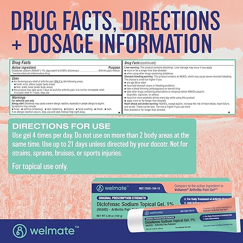 Miniatura 4 de WELMATE - Analgésico de artritis - Gel tópico de diclofenaco sódico al 1% - Alivio de la artritis - Medicación de venta libre - Aprobado por la FSA