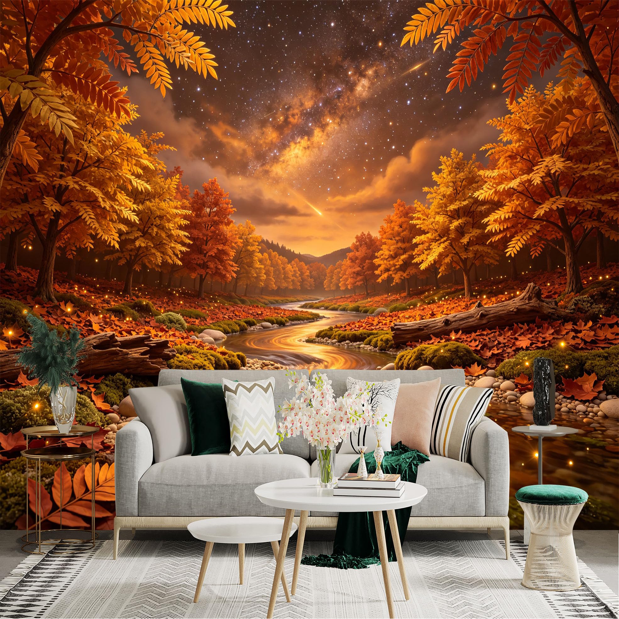 Lnzczhyre Bh260719167 Custom Size Wall Sticker Mural， Autumnal Forest Stream， Starlit Galaxy Night Sky， Vibrant Orange Foliage， For Wall Decoration， Peelandstick Wall Decals.