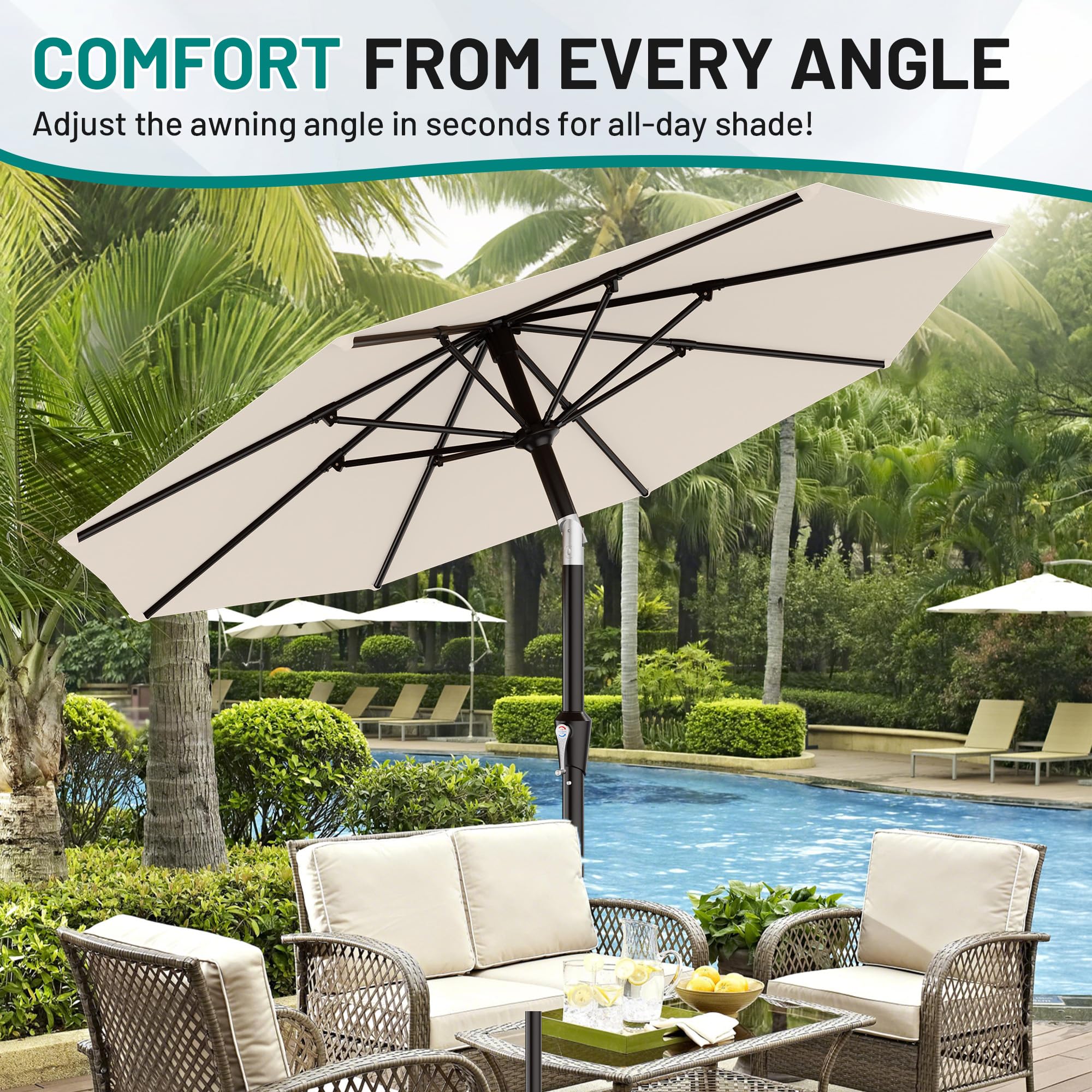 AreShark 9 FT Patio Umbrella for Outdoor, Outdoor Table Umbrella with Push Button Tilt and Crank, Outdoor Patio Umbrellas with 8 Sturdy Ribs for Market, Garden, Pool (Cream-white) : Patio