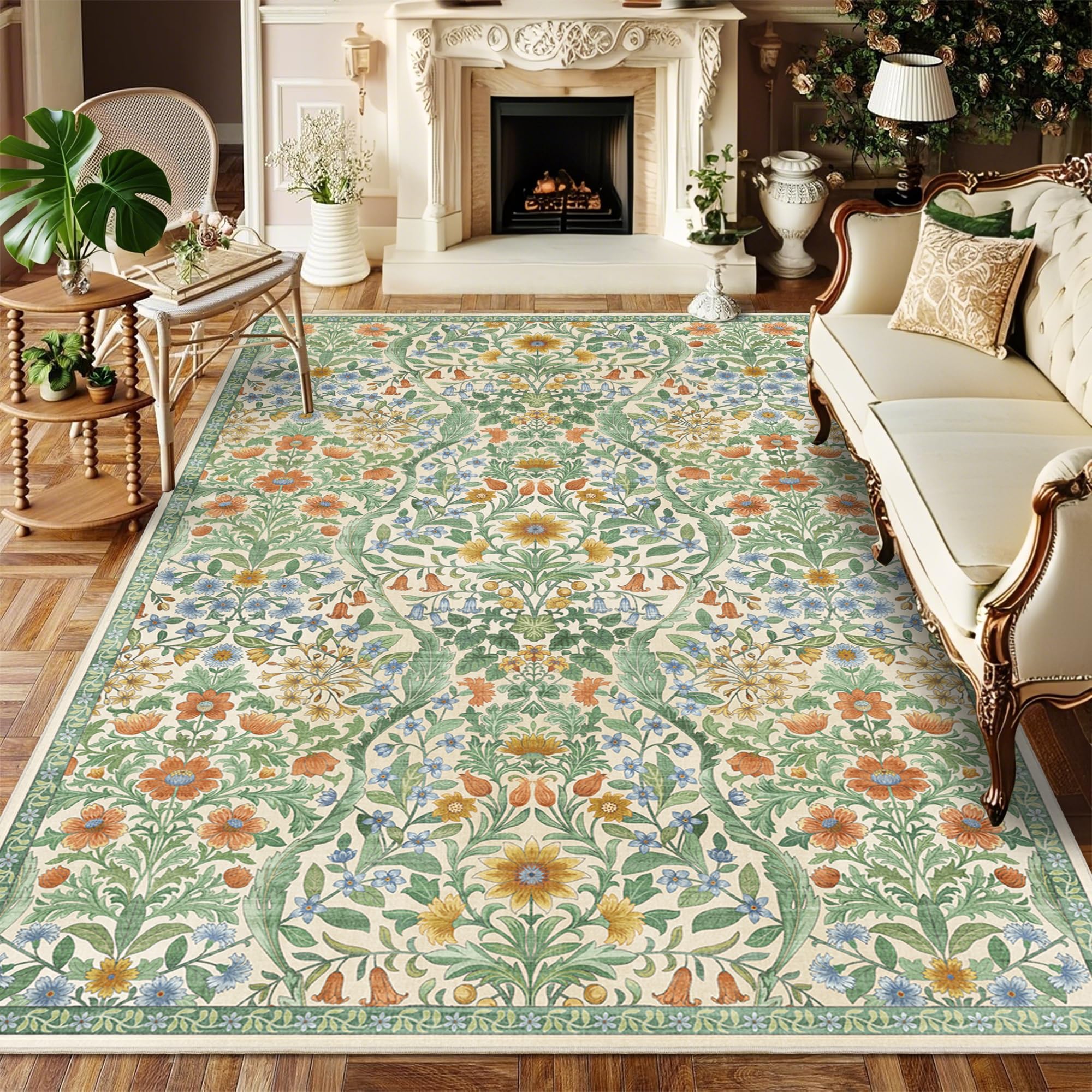 Floral Area Rug 6x9 Washable Botanical Carpet for Living Room