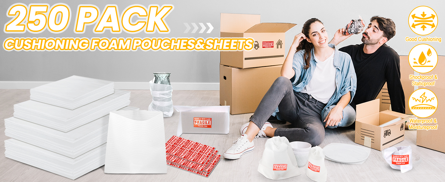 Cushion Foam Pouches And Sheets 250 Pack,Packing Foam Sheets