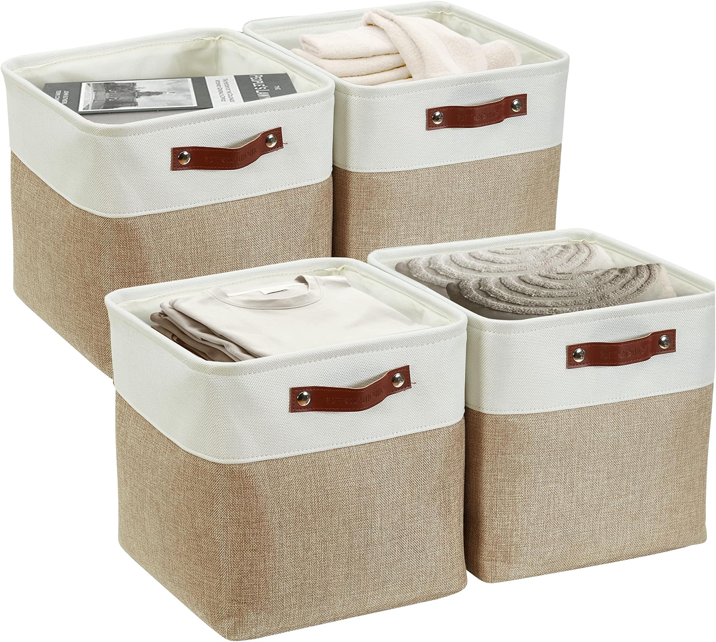 DECOMOMO Cube Storage Bin Storage Cubes 12 x 12, Set of 4 Foldable Storage Cubes Fabric Bins with Faux Leather Handles for Shelves Closet Nursery Toys Cloth Bathroom (Beige&White)