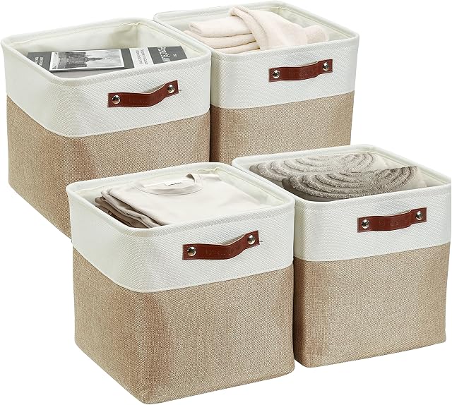 DECOMOMO Cube Storage Bin, Storage Baskets for Shelves, 12x12 inches Collapsible Fabric Storage Cubes (Beige & White, 4pcs)