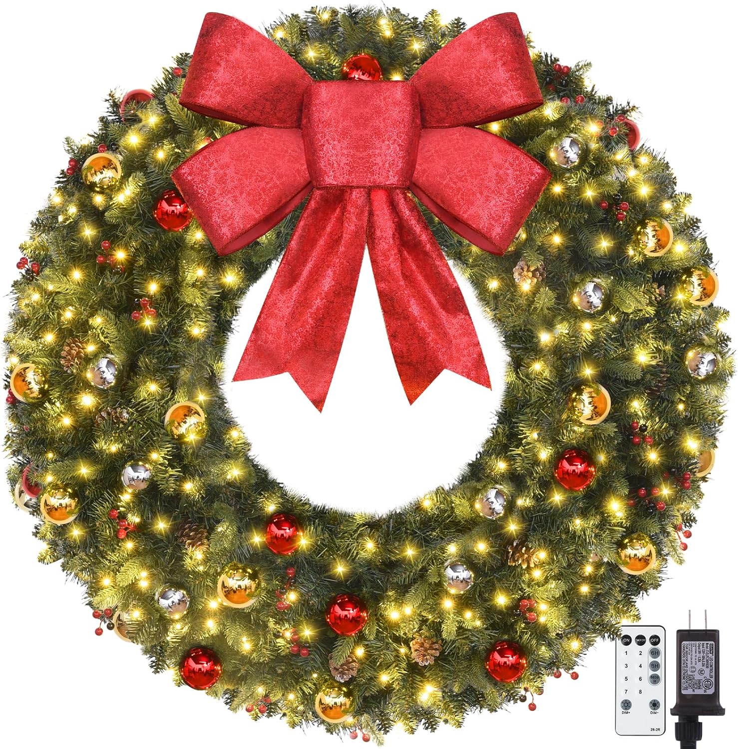 Christmas Wreath Outdoor - 48 Inch Large Prelit Christmas Wreath with Lights 200LED Outdoor Wreath Christmas 512 PVC Tips Artificial Xmas Wreaths with Timer, Bows Ornament Balls Pine Cones Berries