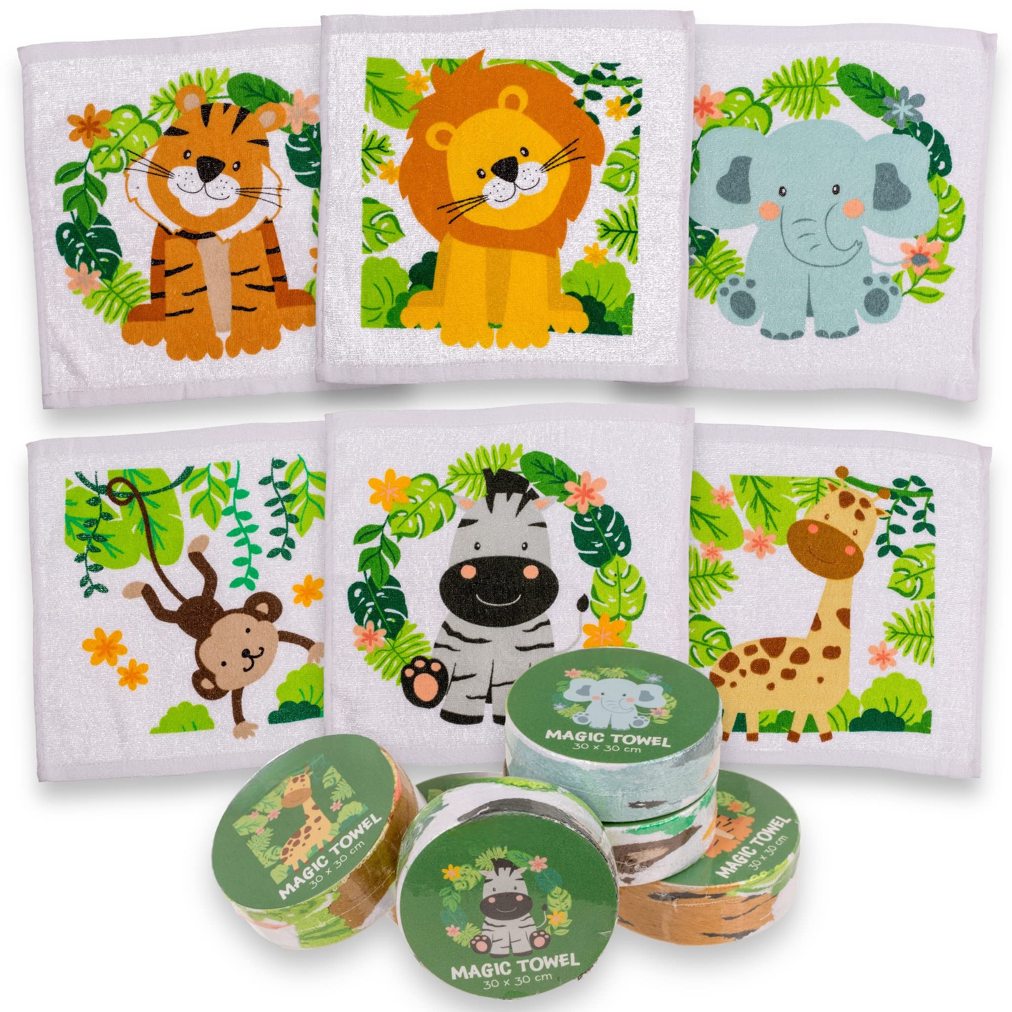 Set di Salviettine Magiche, Panno Magico, Asciugamano Magico, Borsa per Feste, Regalo per Bambini Tombola (Set di 6 Animali Safari)