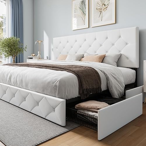 Miniatura 42 de WEEWAY Base de cama de plataforma tamaño Queen con 4 cajones de almacenamiento, cabecera capitonada con botones de costura de diamante, base de