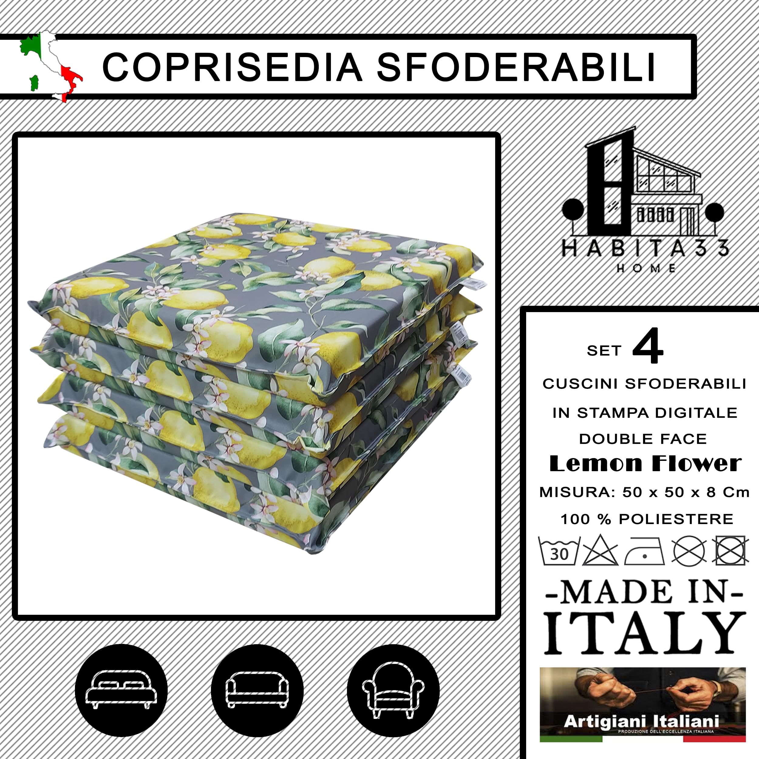 Cojines para Sillas de Jardín – Set de 4 (50x50x8 cm) – Fundas con Cremallera Desenfundables y Lavables – Asiento Cómodo para Exteriores – Fabricación Italiana (4, Lemon Flower)