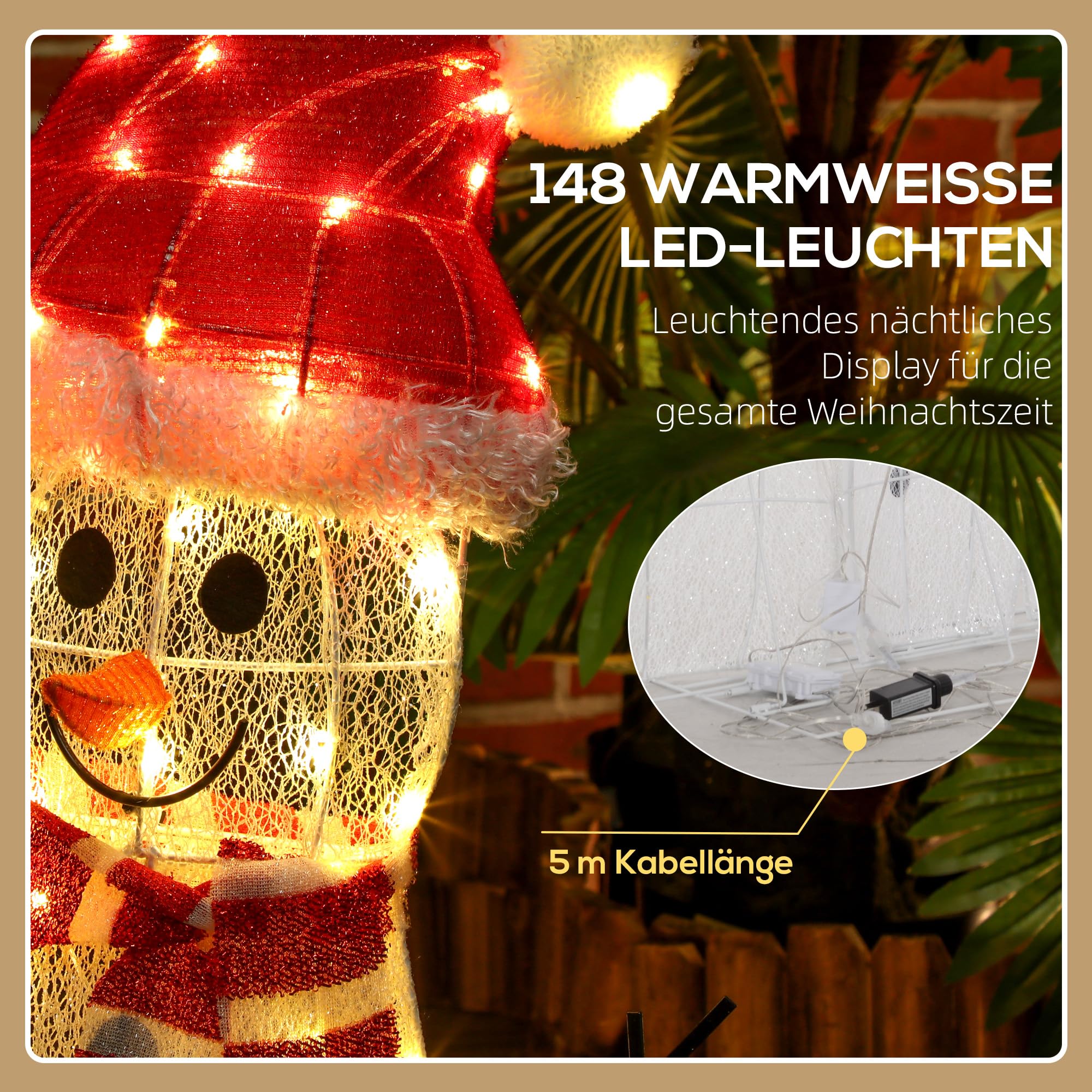 Outsunny LED Schneemann Weihnachtsdeko mit 148 warmweißen LEDs | Weihnachtsfigur, Weihnachtsbeleuchtung, Weihnachtsdekoration, für Außen & Innen