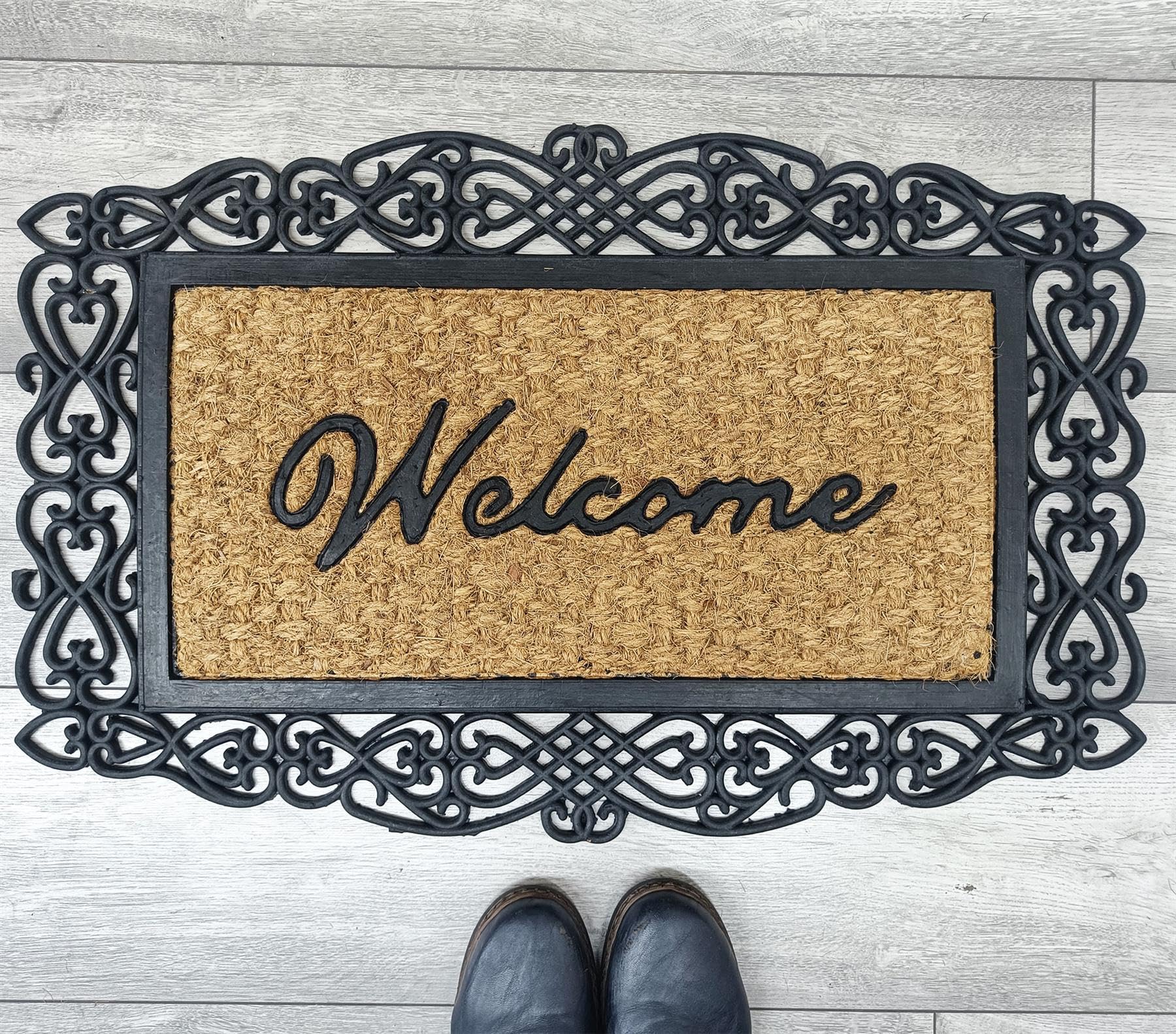 Vapinity 45 x 75cm Coir Rubber Door Mat – Heavy Duty Non-Slip Outdoor Doormat for Garden, Patio, Front Door, Indoor Entrance – Large Welcome Mat, Natural Coir with Durable Rubber Elements [Design04]