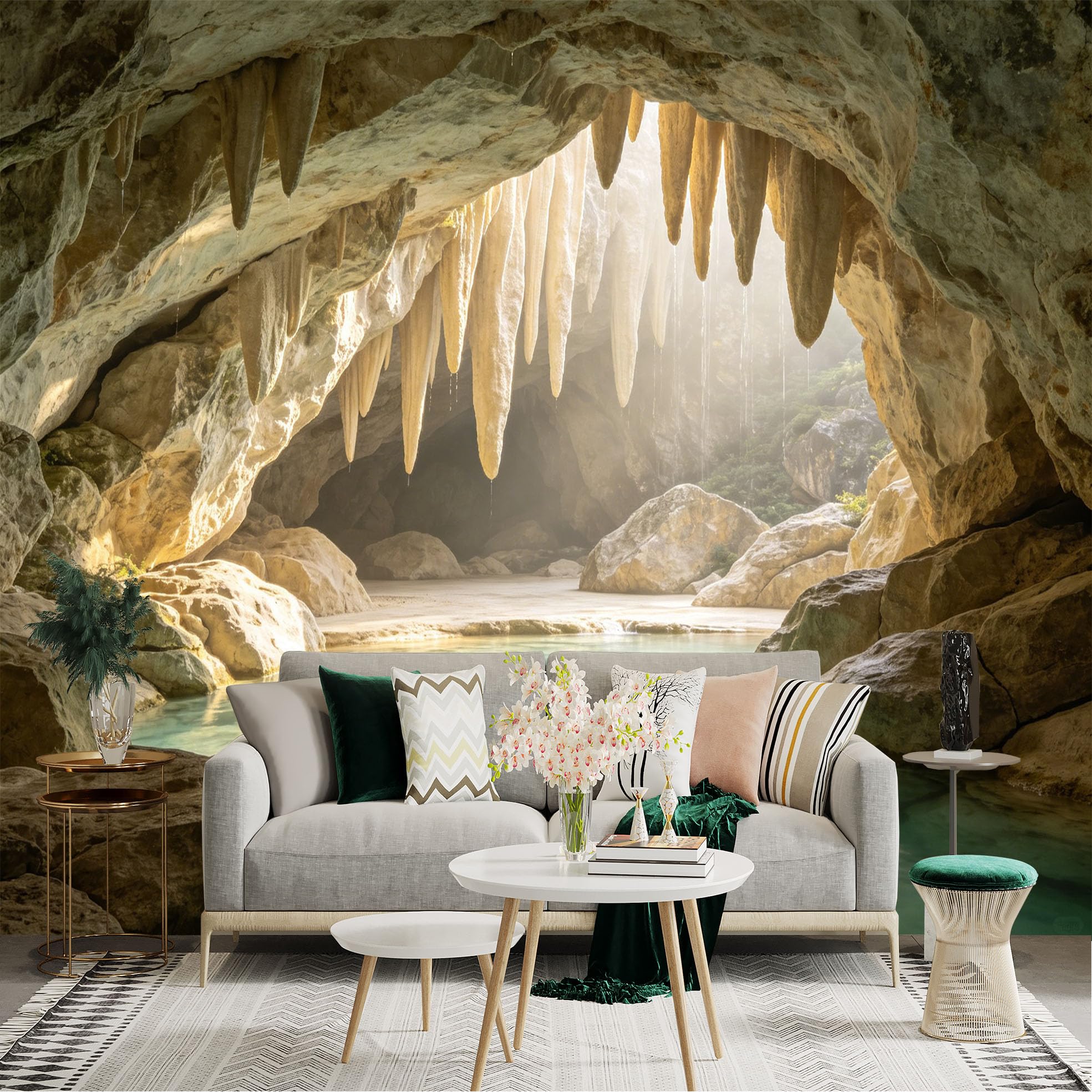 Lnzczhyre Dbh260521179 Custom Size Wall Sticker Mural， Natural Limestone Cave， Turquoise Underground Lake， Majestic Stalactites， Sunlight Seeping In， For Wall Decoration， Peelandstick Wall Decals.