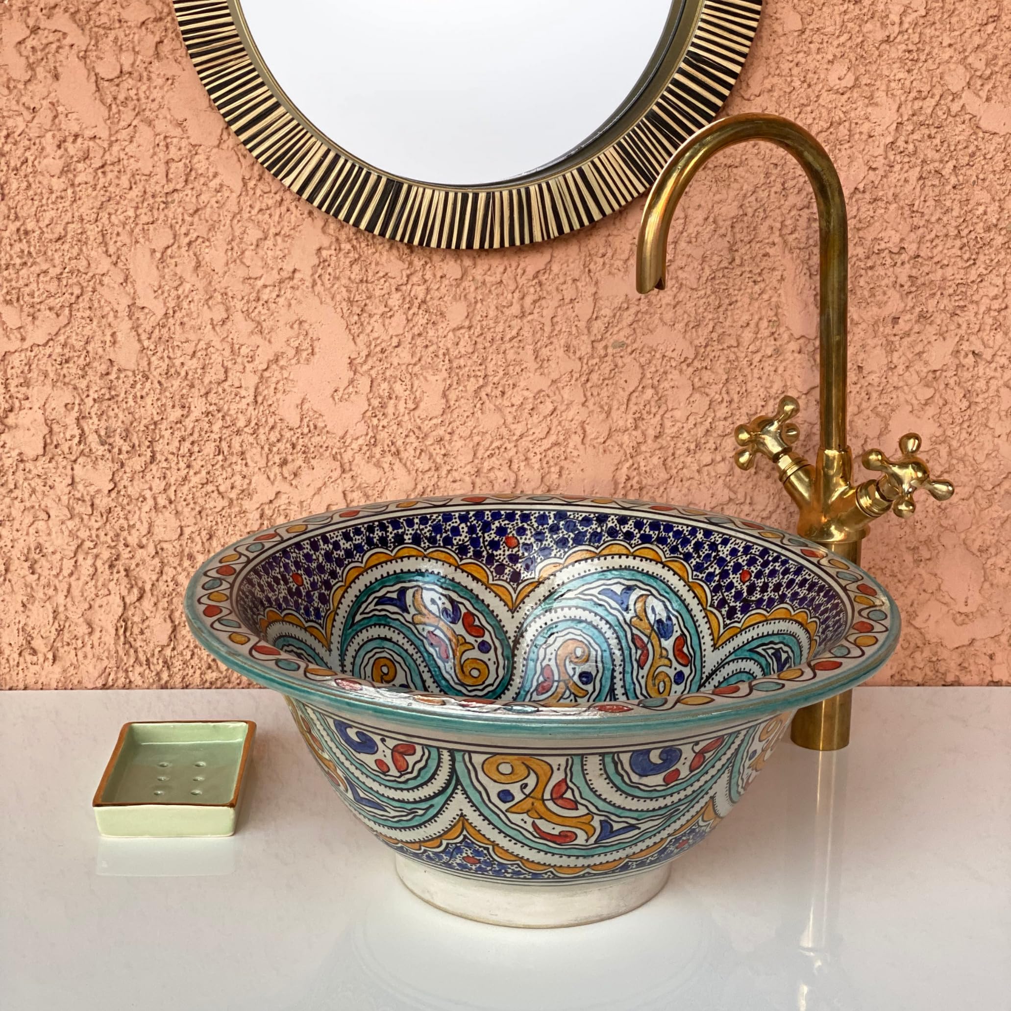 Moroccan Vintage Vanity Clay Vessel Sink - 100% Handmade Artistry and Unique Design for Exquisite Bathroom Decor - Farmhouse Countertop Basin Art Deco Inspired Sink + Gift (45)
