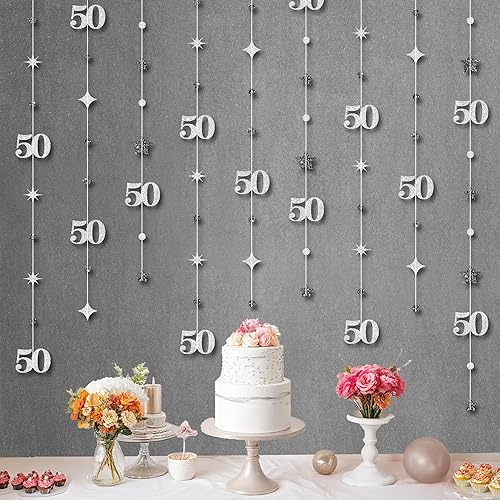 KatchOn, Decoraciones plateadas para cumpleaños n. 50, guirnalda de cumpleaños 50 de 9 cuerdas, 6 pies, sin serpentina colgante para fiesta de 50