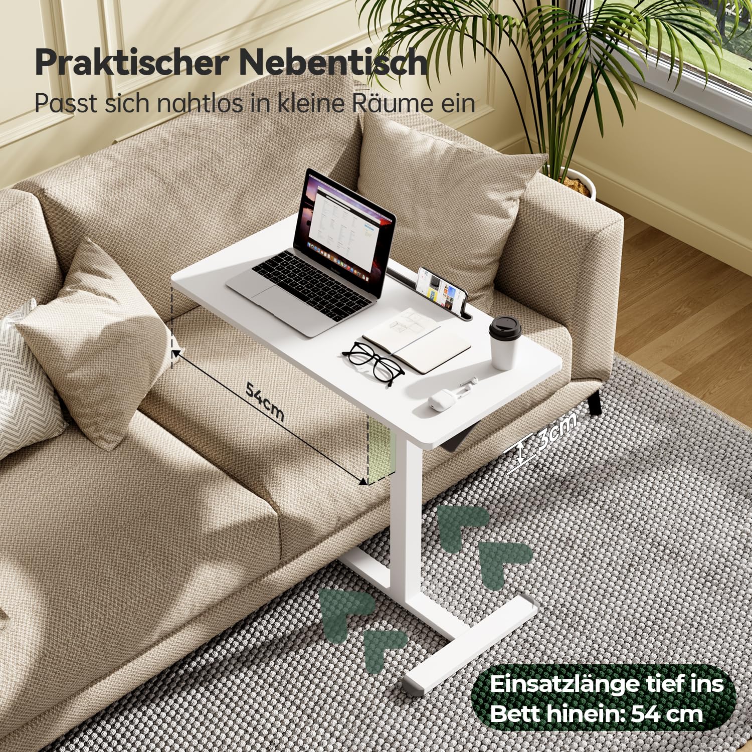Gibbon Mounts Mobiler Höhenverstellbarer Schreibtisch, Laptoptisch mit 4 Rollen (80 x 40 cm), Stehpult Computertisch Klein, Beistelltisch C Form Couchtisch für Heimbüro, Weiß