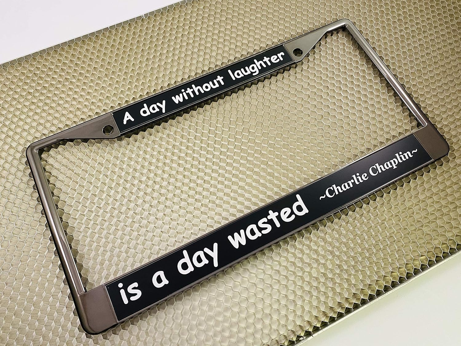 Custom Personalized Gunmetal [Black Chrome] Zinc (Metal) Laser Engraved Standard Size - Car/Automobile License Plate Frame with Free caps - Black/White Text (Qty: 1 Frame)