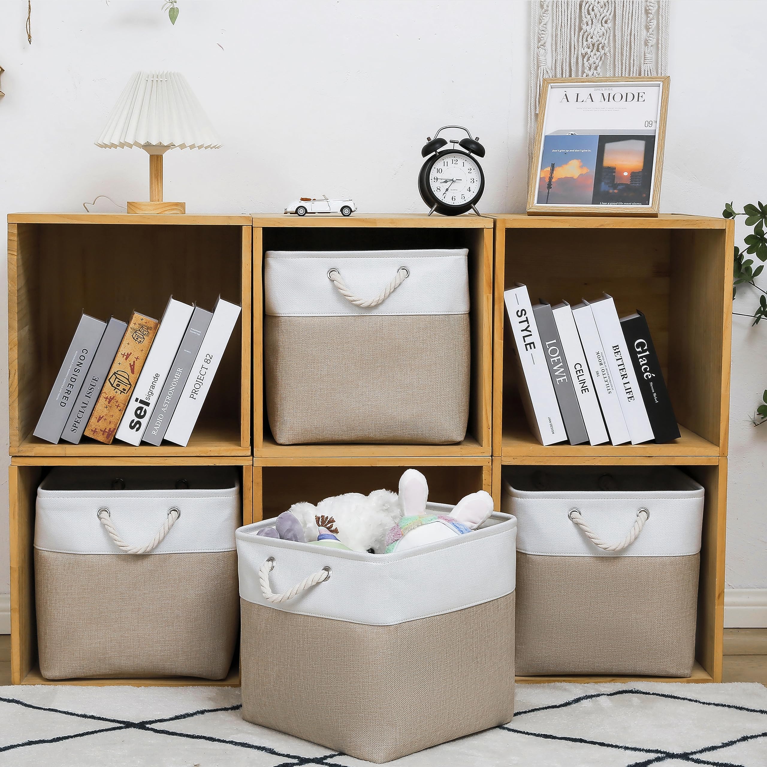 33×33×33cm Aufbewahrungskorb, 6 Pack große Stoff Aufbewahrungskörbe mit Seilen, Faltbare Aufbewahrungswürfel Für Haus, Kleiderschrank, Kleidung, Spielzeug Ordnungsboxen (Weiß & Beige)