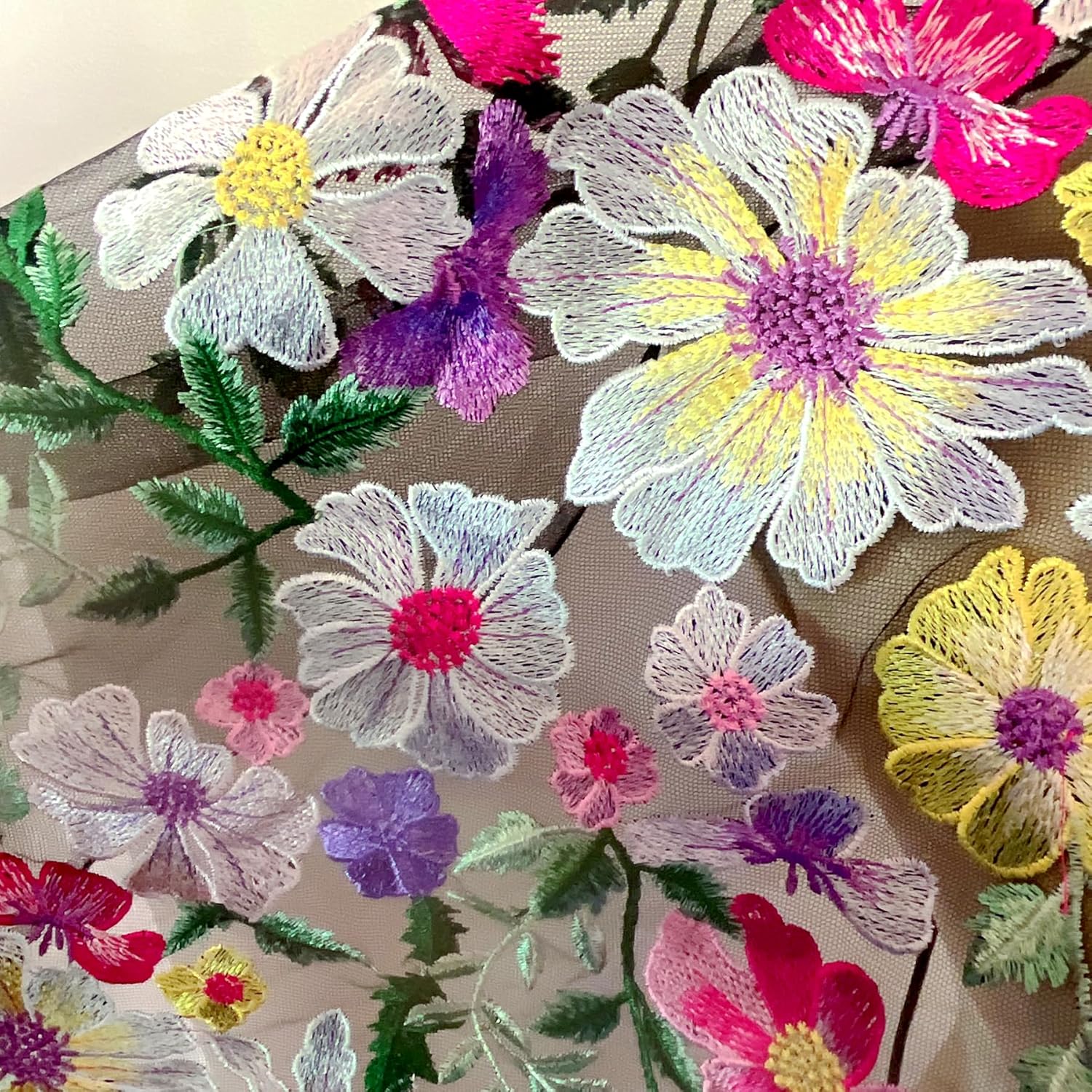 Floral Embroidered Lace Fabric, Pink, Purple, Yellow Flowers on Gray Background (Black mesh, 2 Yard pre Cut)