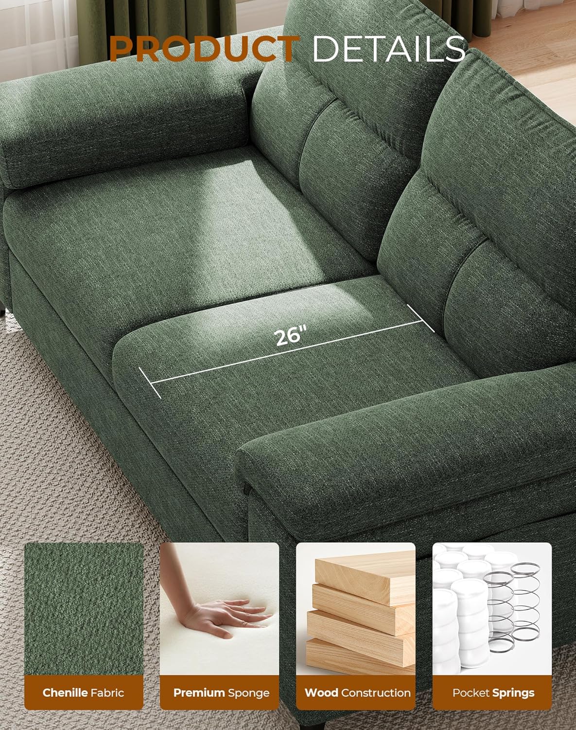 Upvilla 71.25" Modern Sofa Couch for Living Room, Deep Seat Sofas with 8”Cushion, Comfy 2-Seater Chenille Loveseat with Convertible Armrest, Removable Sofa Cover, High Leg(Green)