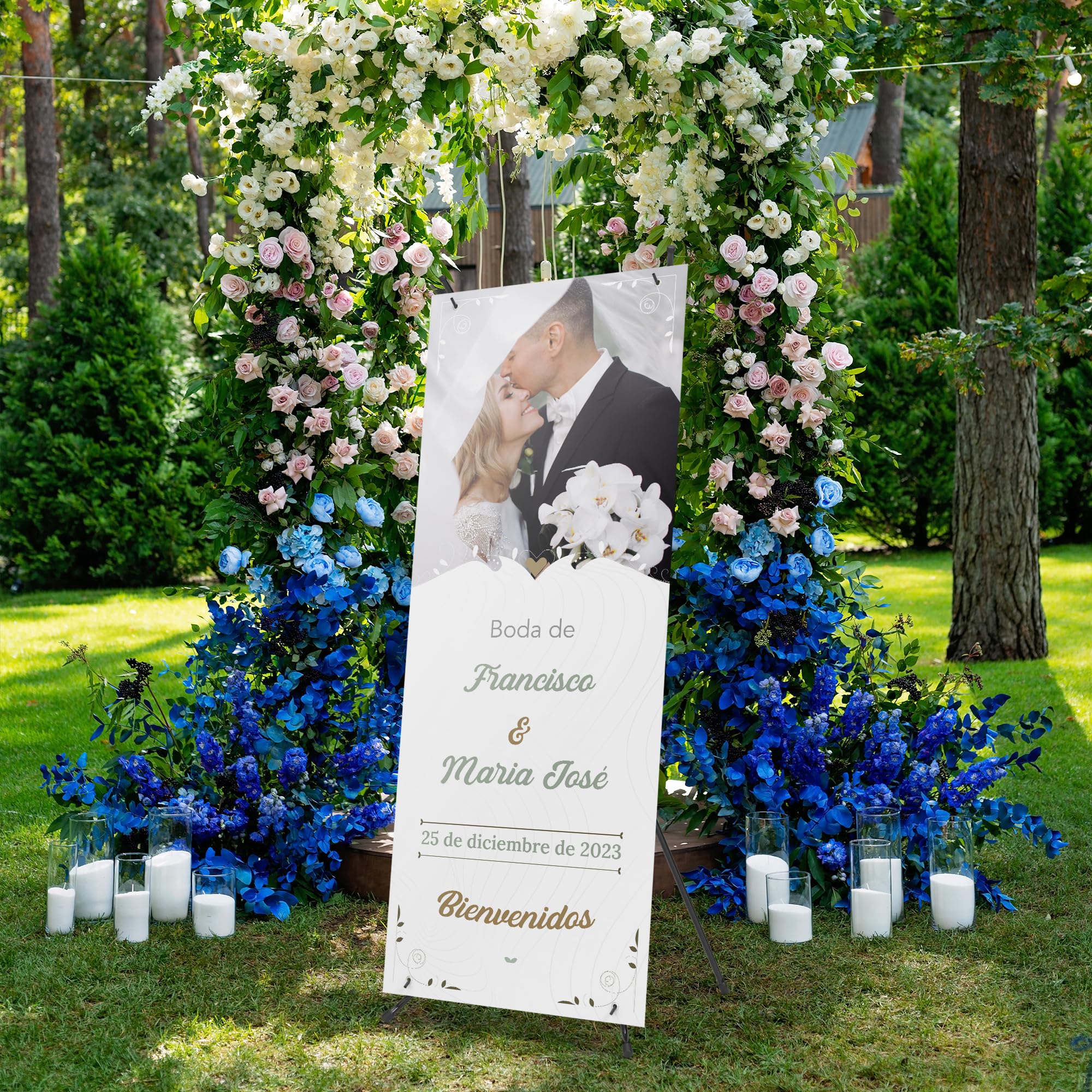 Photocall Bodas 70x180cm Personalizable con Foto y Texto – Cartel Bienvenida Boda – Pancarta Personalizada con Estructura para Decoración Boda - 2 Modelos a Elegir (Modelo 2)