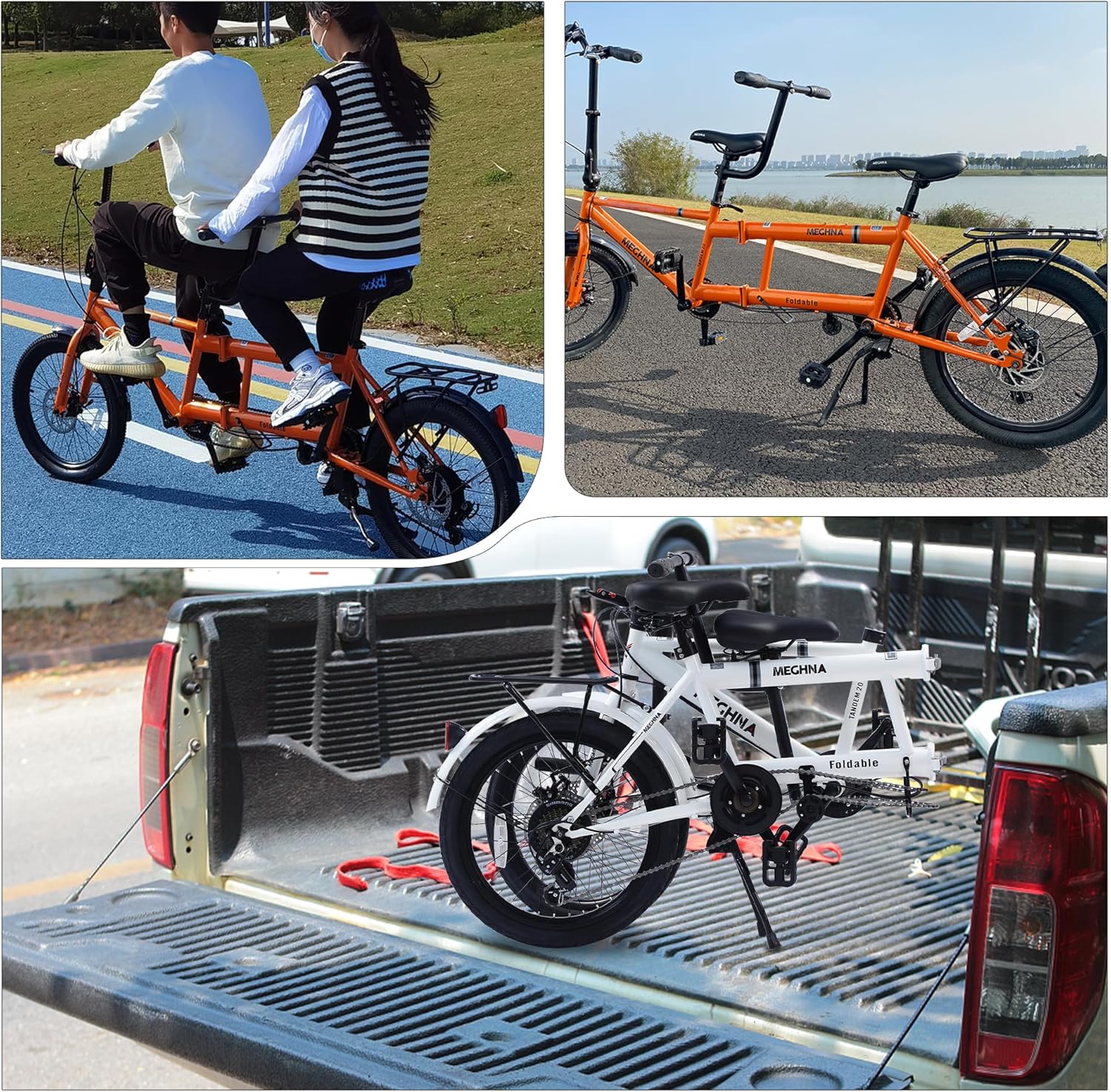 Foldable Tandem Bike, Family Tandem Bikes for Two Adults, Adjustable 7-Speed Tandem Bicycles Cruiser Bike for Travel and Couple Riding