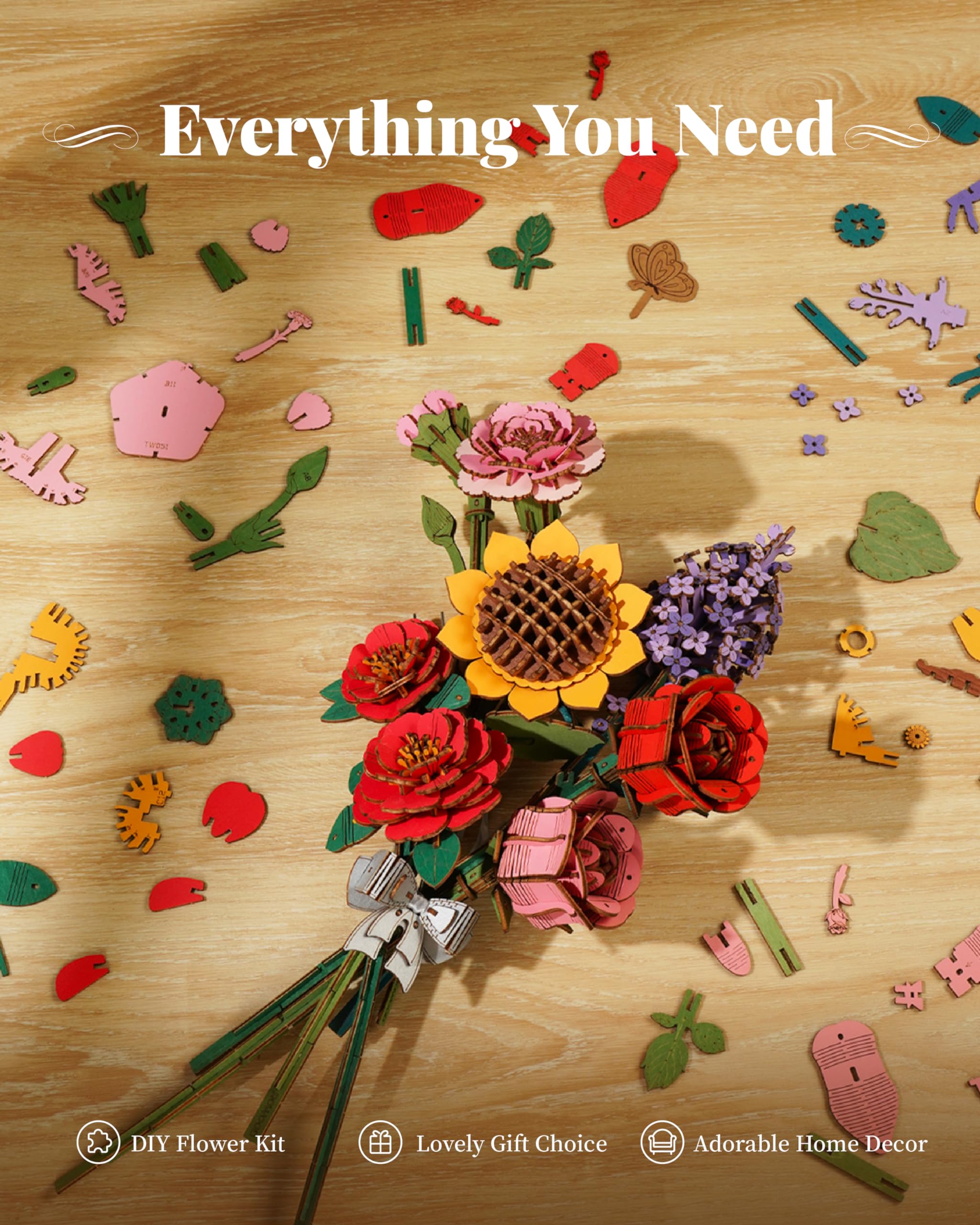 3D Puzzle Fiore In Legno Rosa | Modellino Da Assemblaggio Fai Da Te Per Adulti