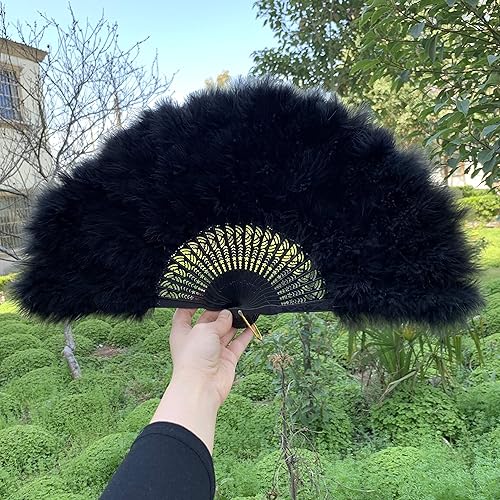 Miniatura 4 de Abanico de plumas grande Marabou de 9 colores de 23 x 12 pulgadas para baile, fiesta, boda, ramo de novia Deco (negro con varillas negras)