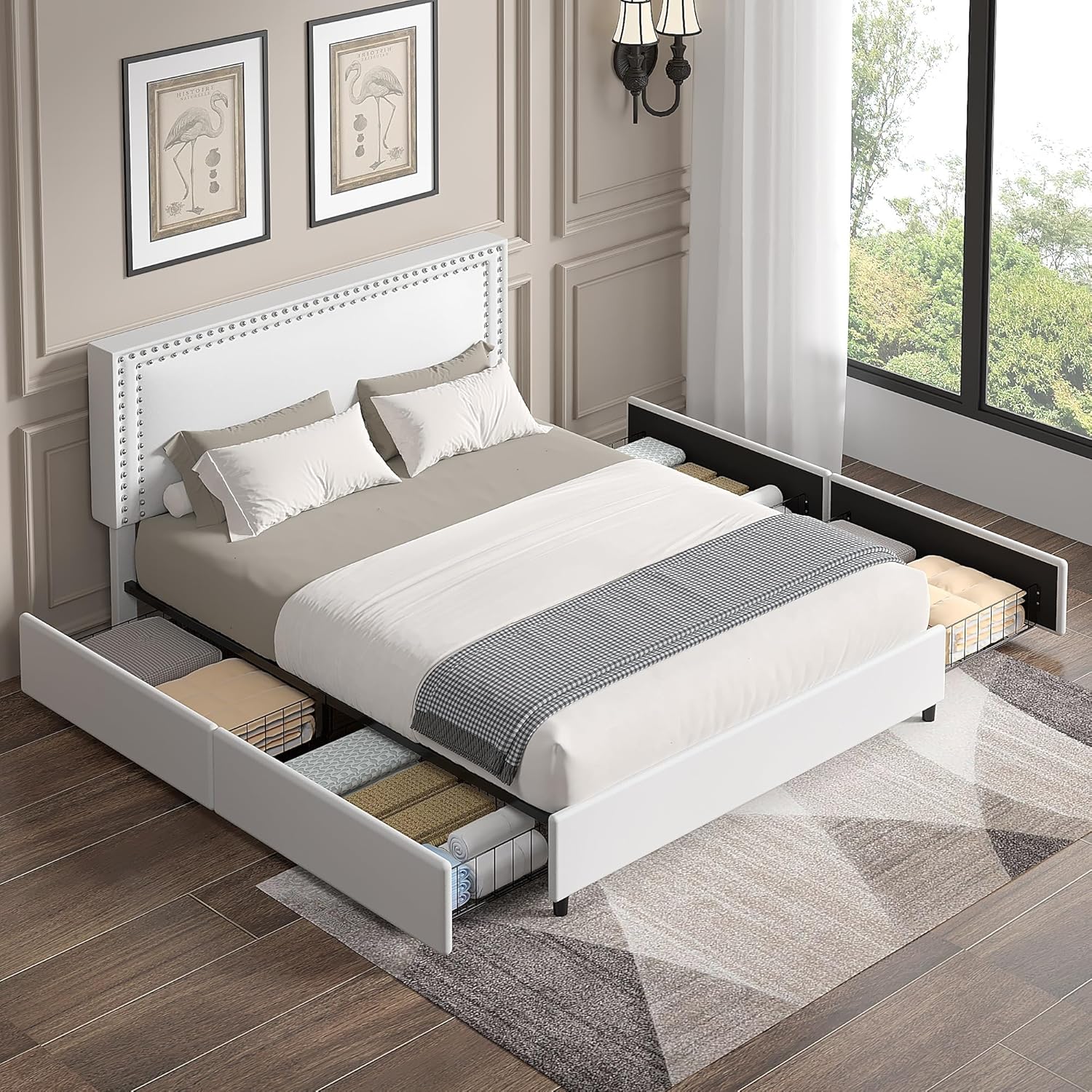 VECELO King Size Upholstered Bed Frame with 4 Storage Drawers, Adjustable Velvet Rivet Decor Headboard, Wooden Slats Platform Support, No Box Spring Needed, Easy Assembly,White