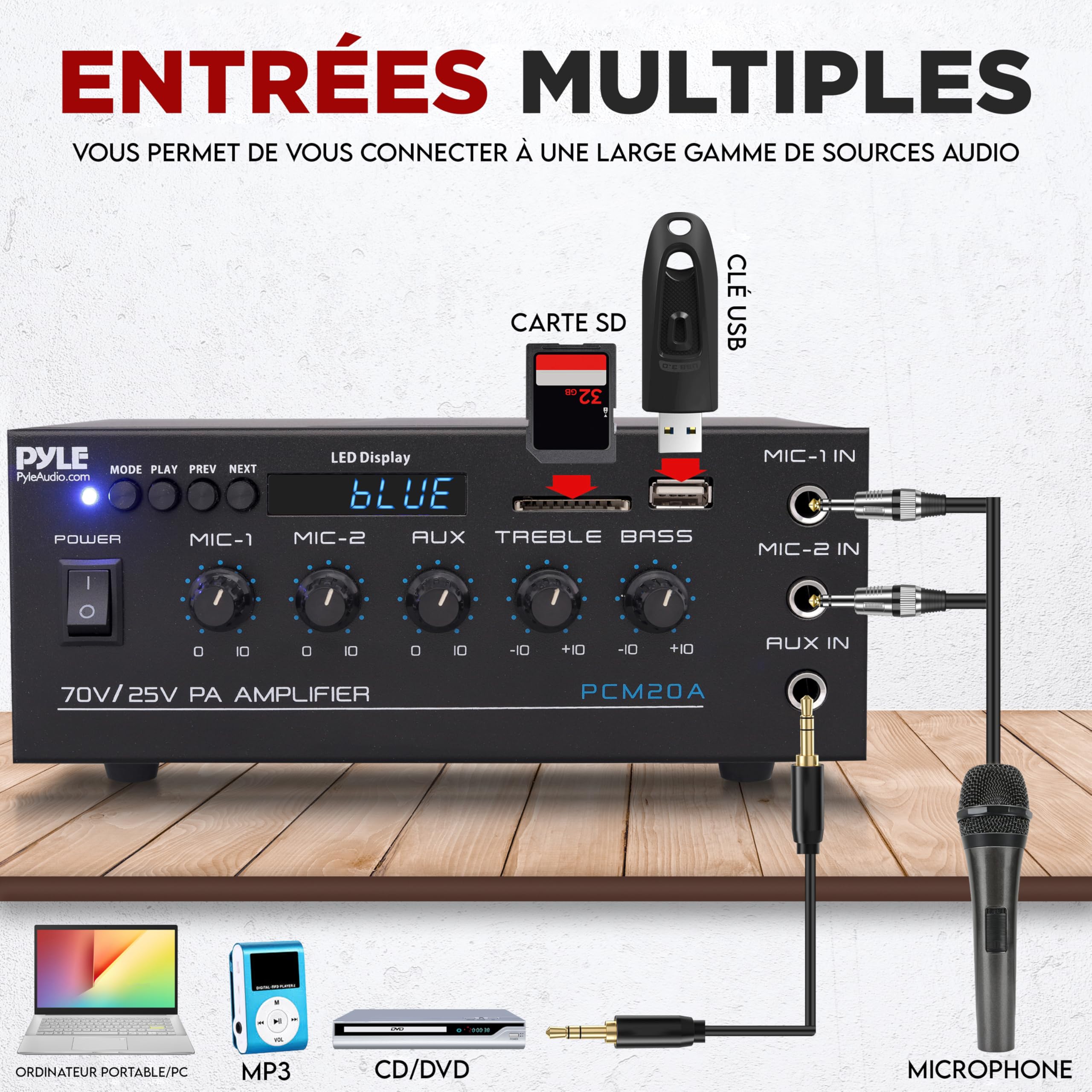 Pyle – Amplificateur Audio Compact 40 W Bluetooth pour Maison et PA, Entrée AUX, 2 Entrées Micro avec Talkover, Sorties Haut-Parleurs 8 Ohms / 25 V / 70 V, Réglages Graves/Aigus
