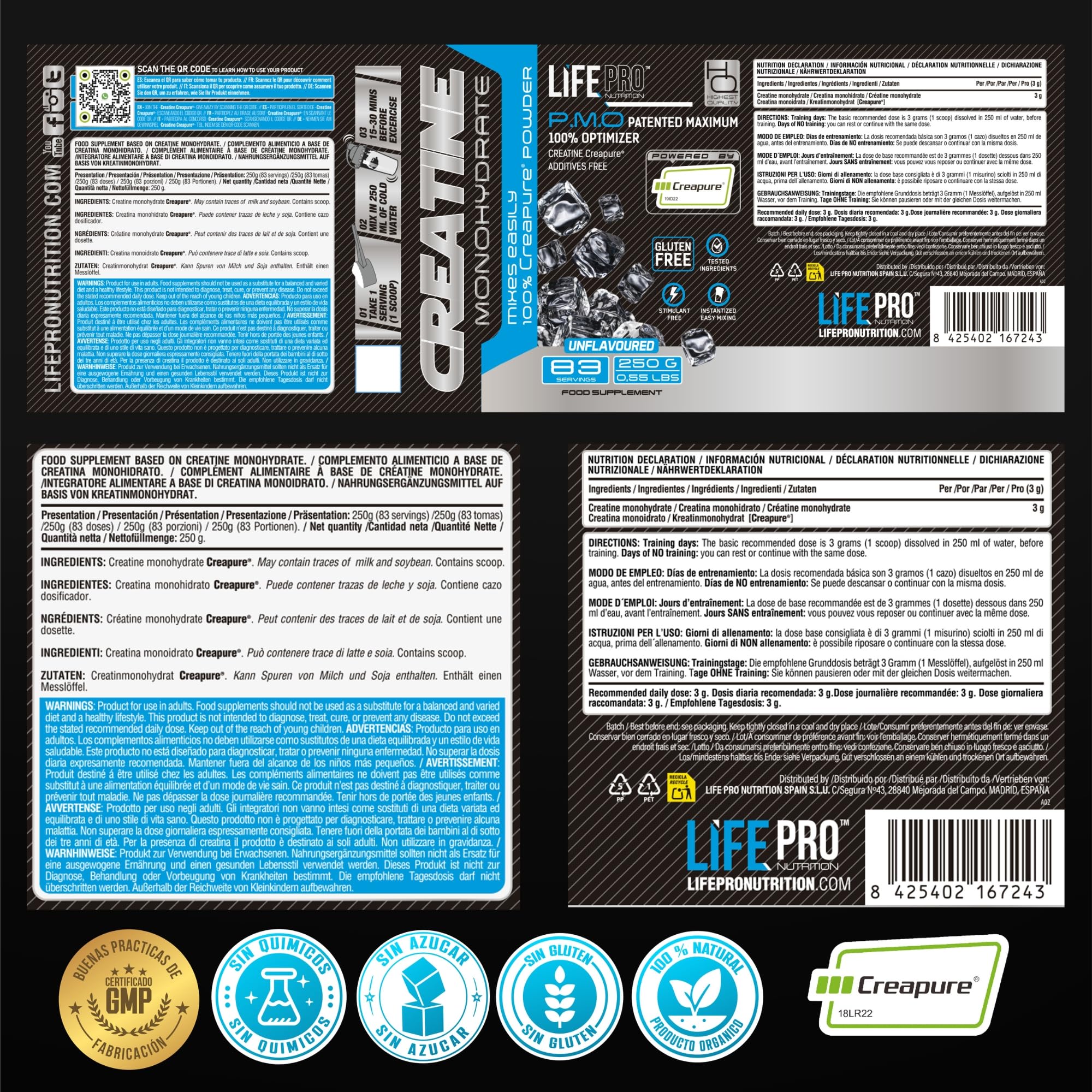 Creatine Monohydrate Creapure Life Pro 250g – Créatine Micronisee Pure – Jusqu’à 83 Doses – Sans Gluten – Pour Force, Énergie et Récupération Musculaire – Qualité Allemande (250g, Sin sabor)