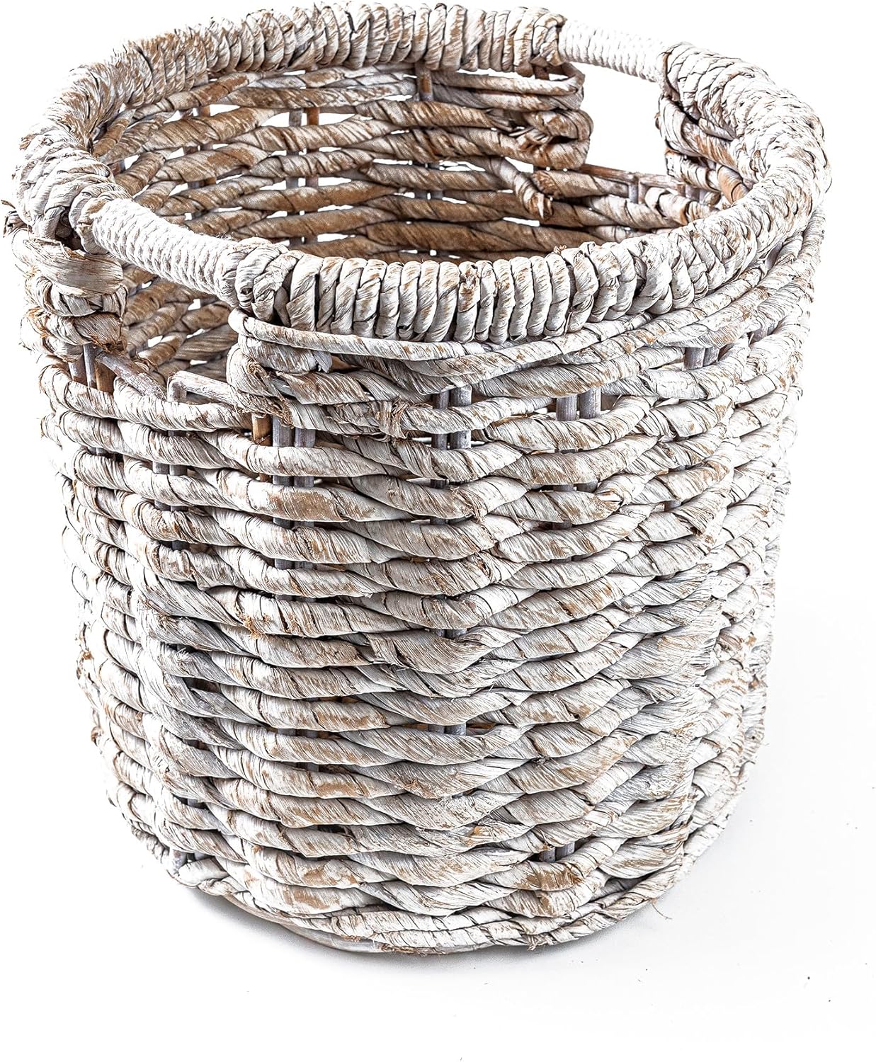 Round Wicker Rattan Basket with Cut-Out Macrame Handles – 16.5"Dia x 17"H Tall Handwoven Laundry Hamper for Towels, Blankets, Yoga Mats, Nursery Storage (White Wash)