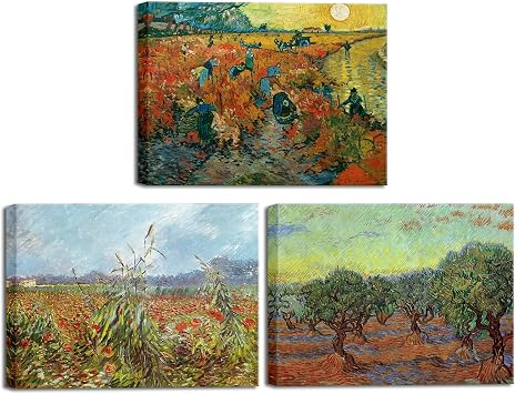 Wieco Art Olive Grove/Der rote Weinberg/Green Ears of Wheat Canvas Prints of Vincent Van Gogh Canvas Wall Art Famous Paintings Reproduction Pictures Artwork Wall Art for Home Decor