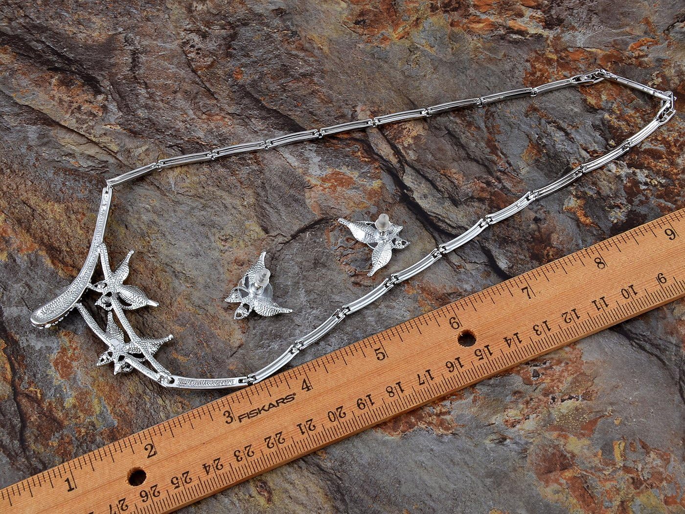 Alilang Pink Rose Butterfly Love Duo Crystal Rhinestone Necklace Earring Set