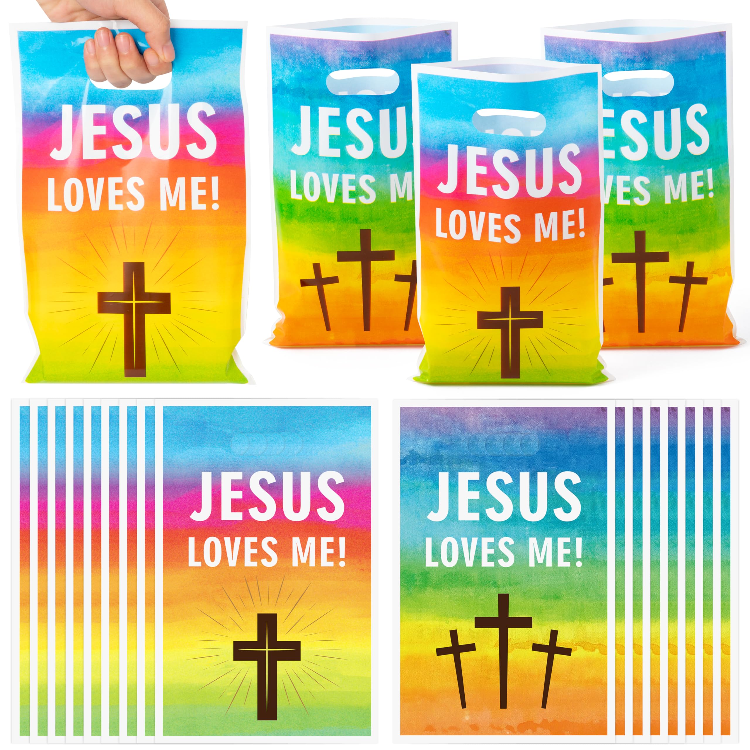 A1DIEE Jesus Loves Me Party Favor Bag - 50Pcs Rainbow Religious Christian Goodie Candy Treat Gift Bags Christian Cross Party Supplies for Valentine's Day Sunday School VBS Church Bible Verse Easter — image 1