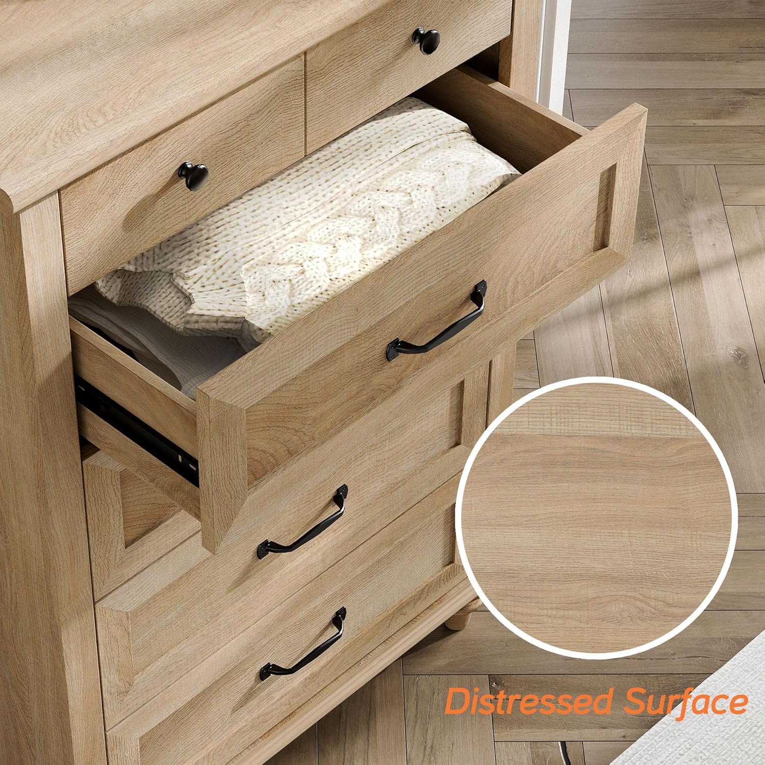 WAMPAT Kids Dresser with 5 Drawers for Bedroom, Tall Dresser Nursery Dresser Organizer with Wide Chest of Drawers, Retro Farmhouse Wooden Closet for Living Room, Kids Room, Hallway, Oak
