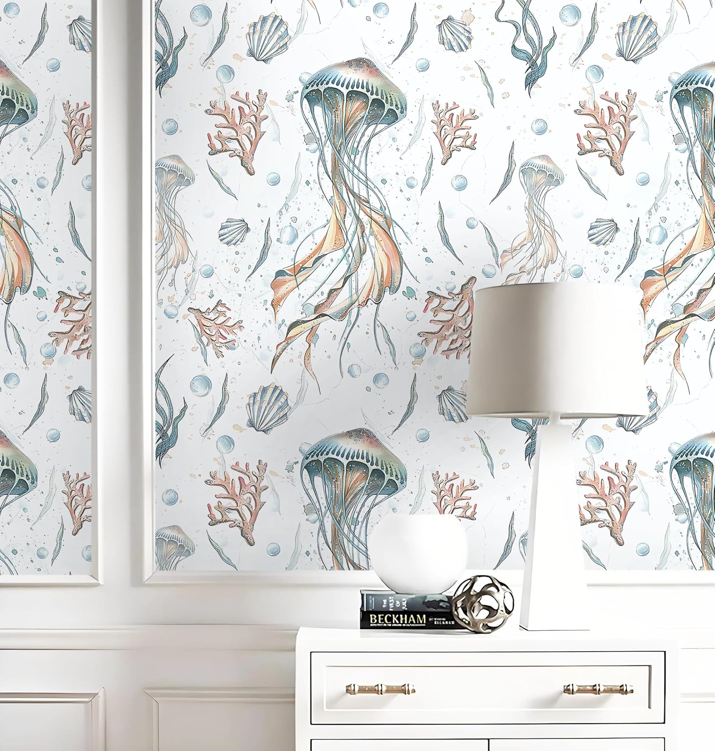 HeloHo Peel and Stick Wallpaper 16.1" X 394" Light Blue Wall Paper Ocean Jellyfish Seaweed Self Adhesive Removable Waterproof Contact Paper for Bathroom Living Room Decor